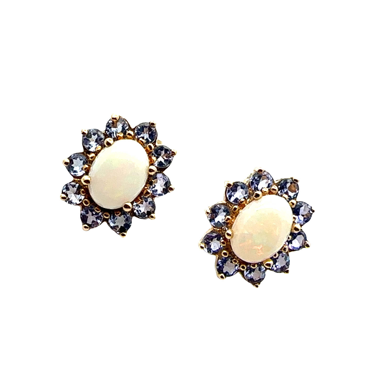 Estate 14k Yellow Gold 1.45ctw Opal and 1.00ctw Iolite Stud Earrings