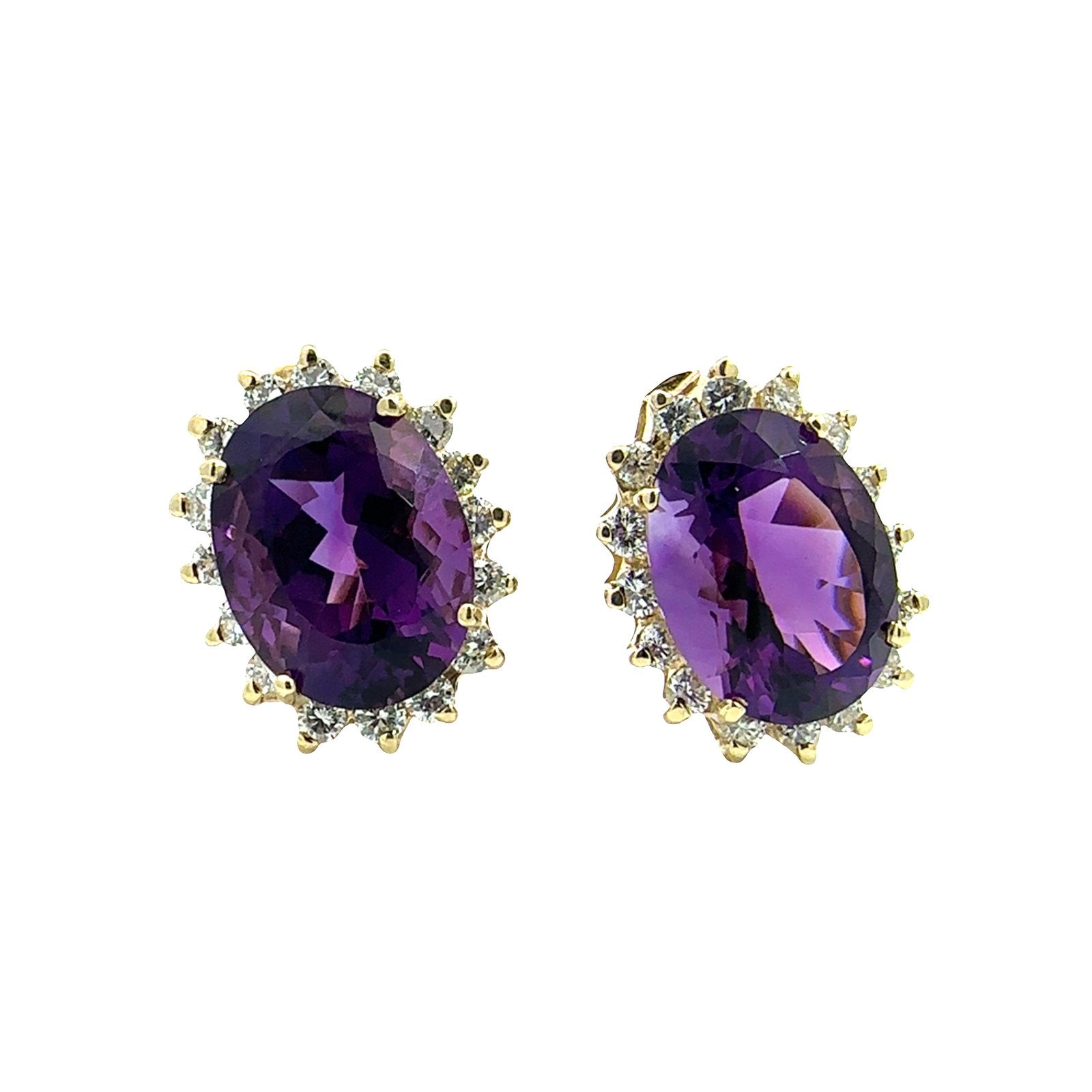 Vintage 14k Yellow Gold 18.52ctw Oval Amethyst and 1.76ctw Diamond Halo Earrings