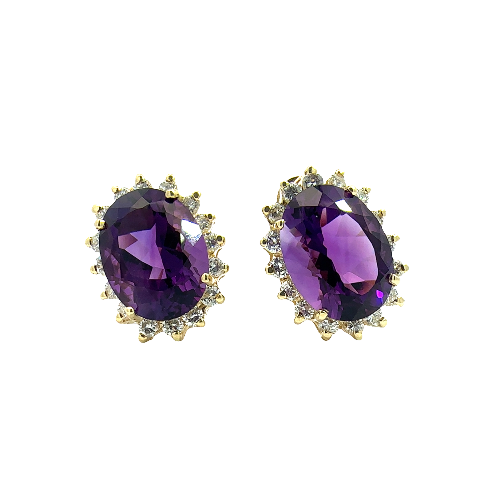 Vintage 14k Yellow Gold 18.52ctw Oval Amethyst and 1.76ctw Diamond Halo Earrings