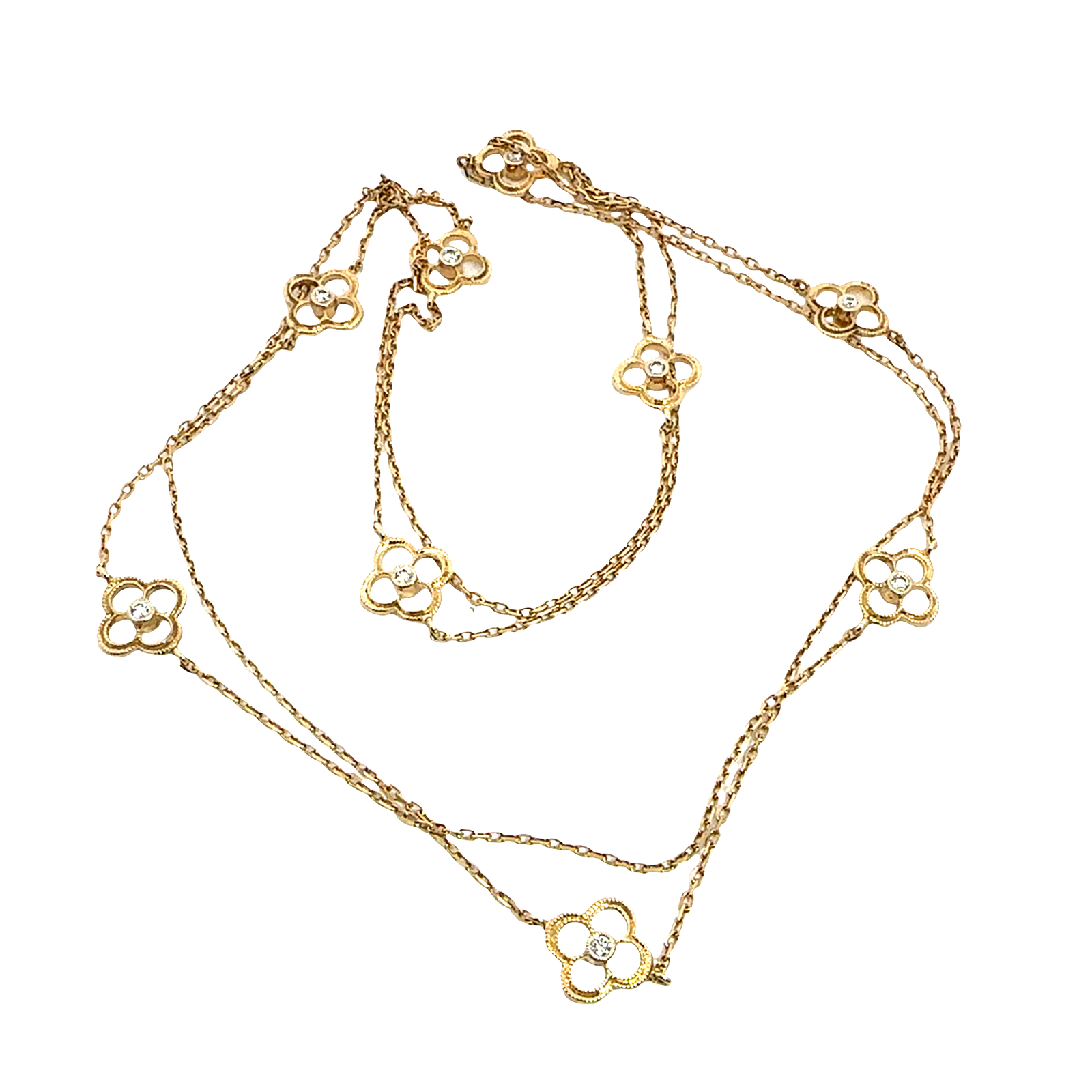 Vintage 14k Yellow Gold 0.50ctw Diamond Flower Chain Necklace 36"