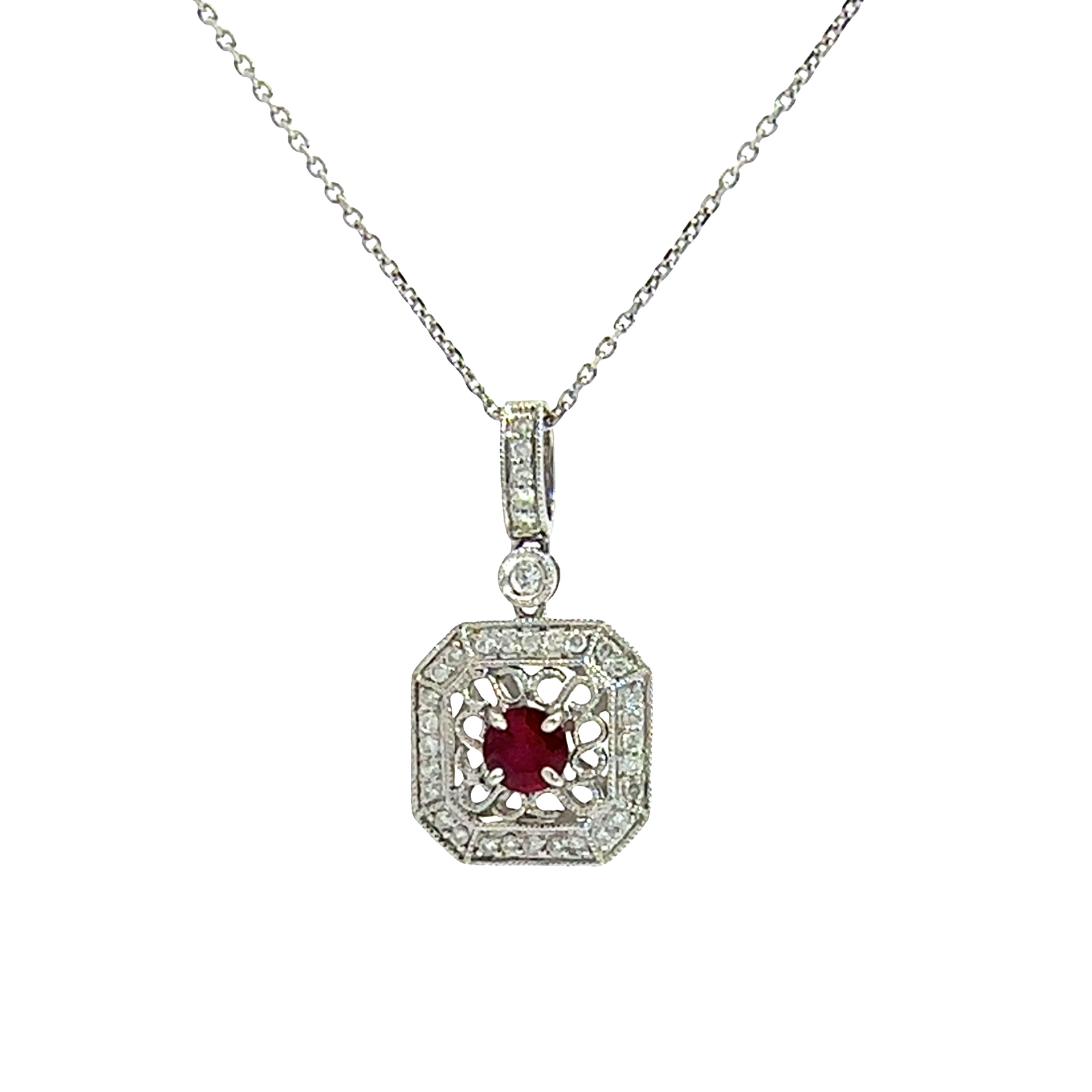 Vintage 18k White Gold 0.35ctw Ruby and 0.27ctw Diamond Pendant on 14k White Gold Chain