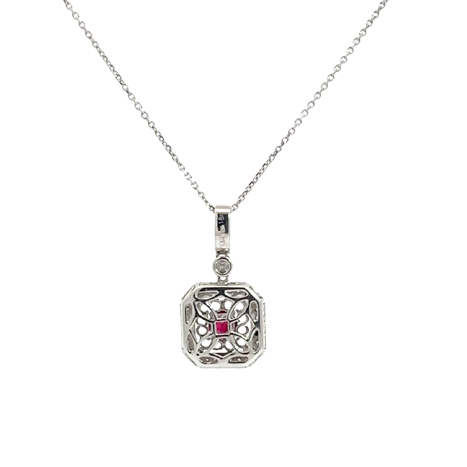 Vintage 18k White Gold 0.35ctw Ruby and 0.27ctw Diamond Pendant on 14k White Gold Chain