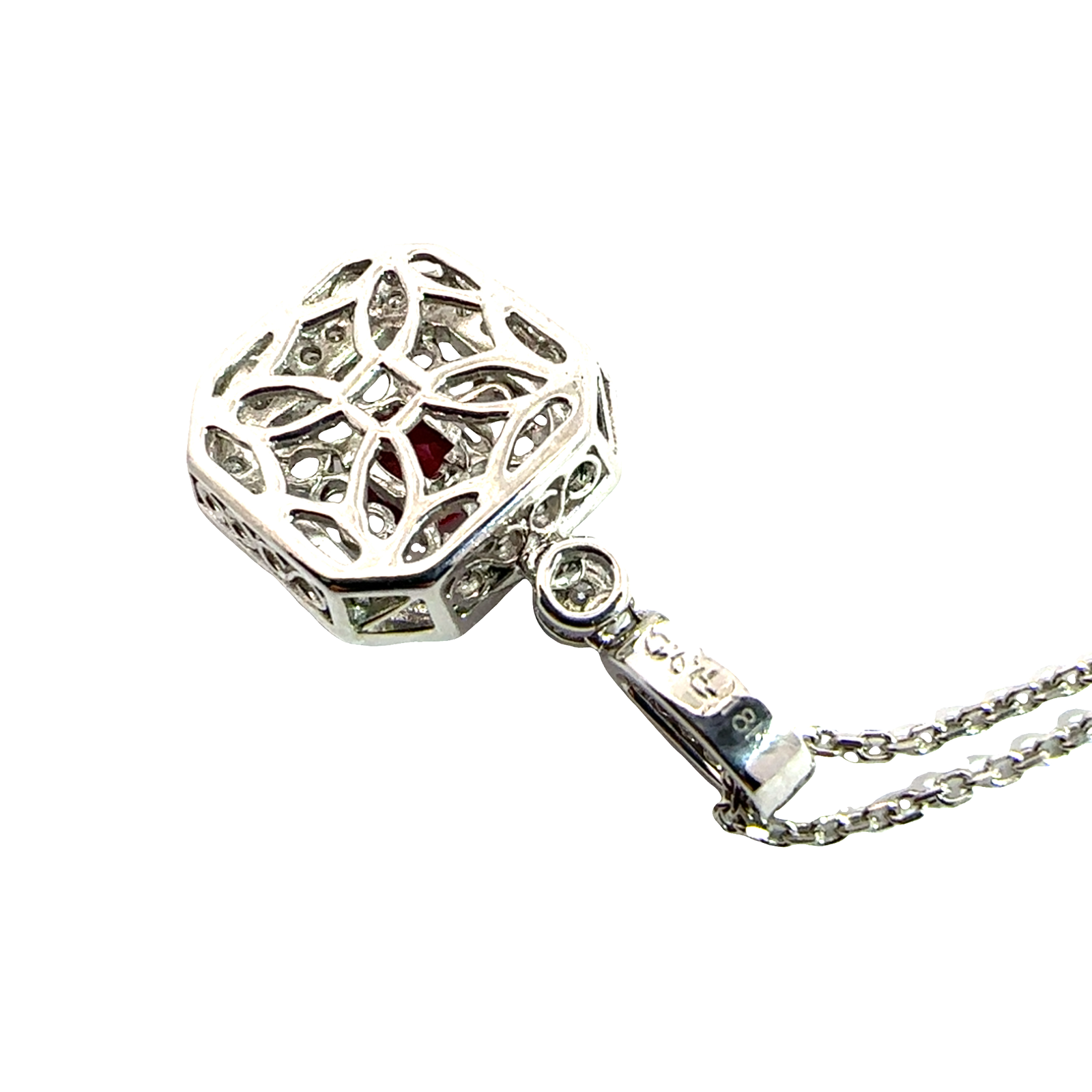 Vintage 18k White Gold 0.35ctw Ruby and 0.27ctw Diamond Pendant on 14k White Gold Chain