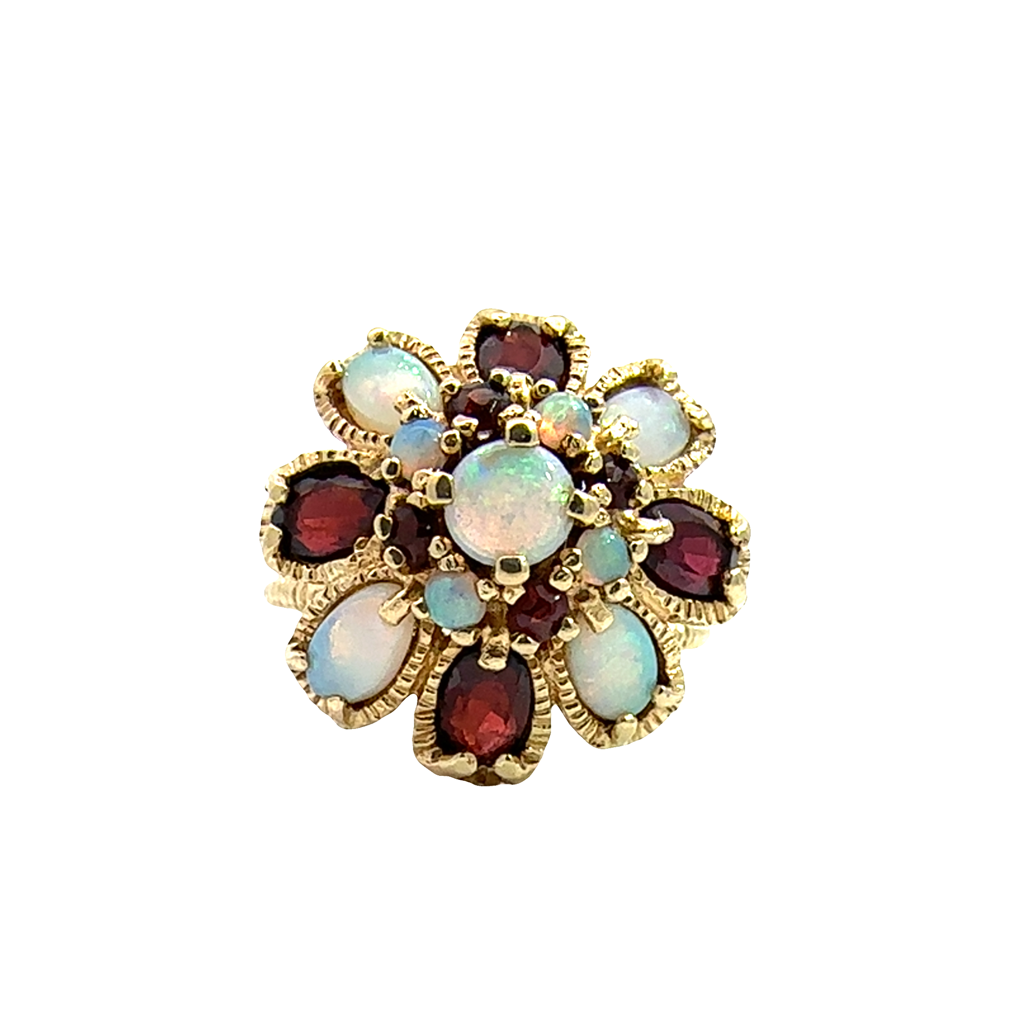 Vintage 14k Yellow Gold 0.61ctw Opal and 1.04ctw Garnet Floral Ring