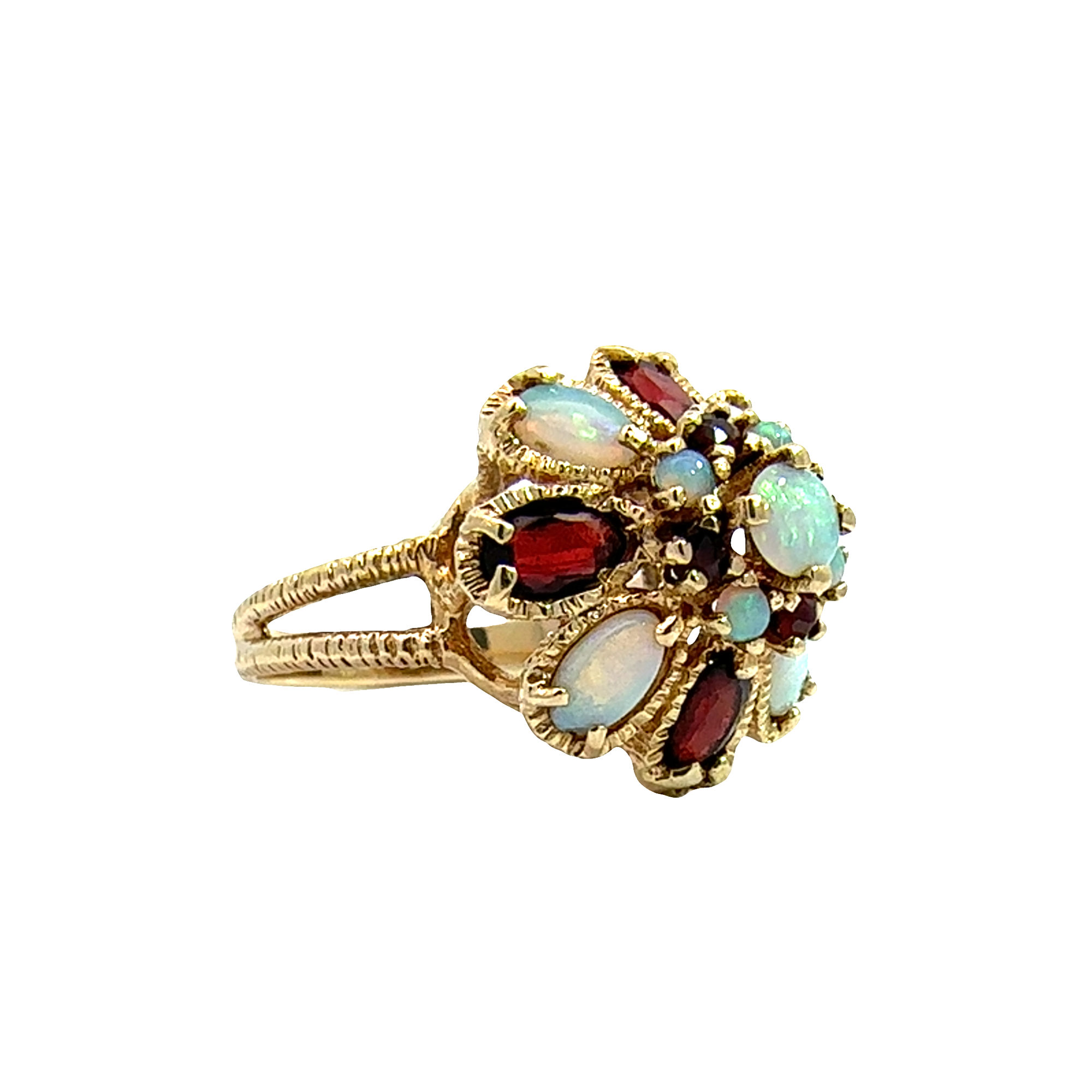 Vintage 14k Yellow Gold 0.61ctw Opal and 1.04ctw Garnet Floral Ring