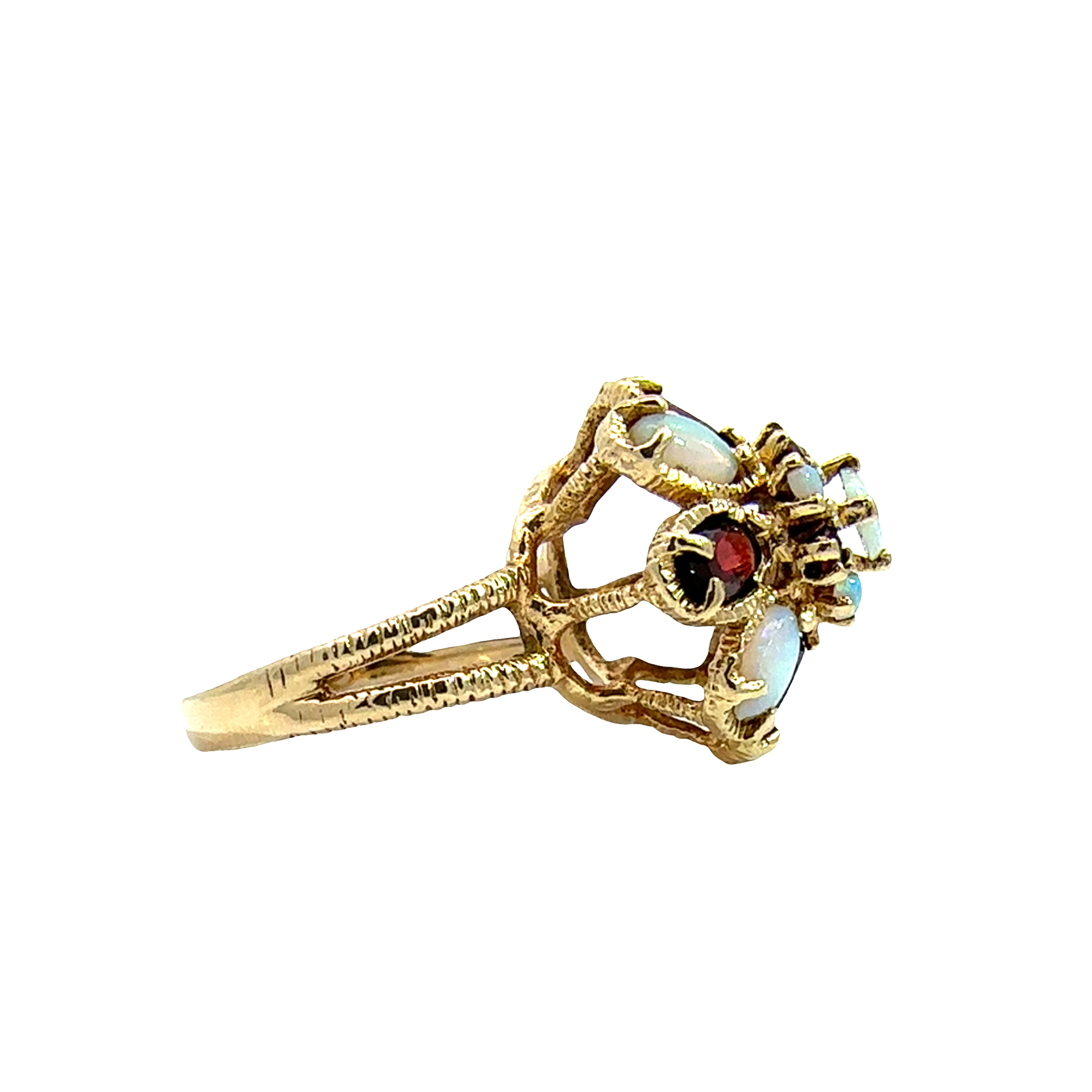 Vintage 14k Yellow Gold 0.61ctw Opal and 1.04ctw Garnet Floral Ring