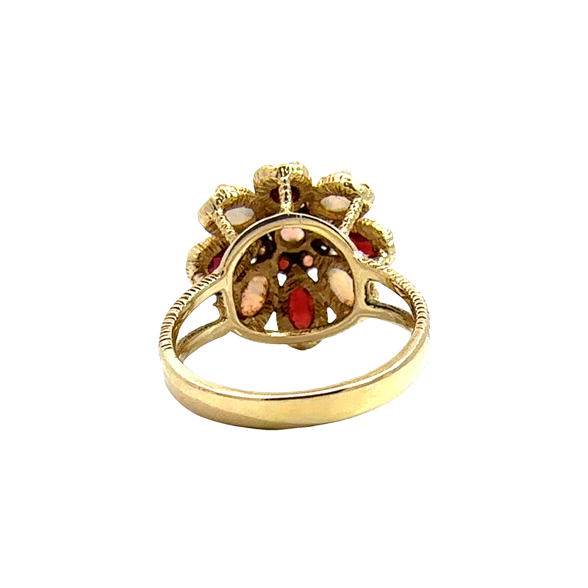 Vintage 14k Yellow Gold 0.61ctw Opal and 1.04ctw Garnet Floral Ring