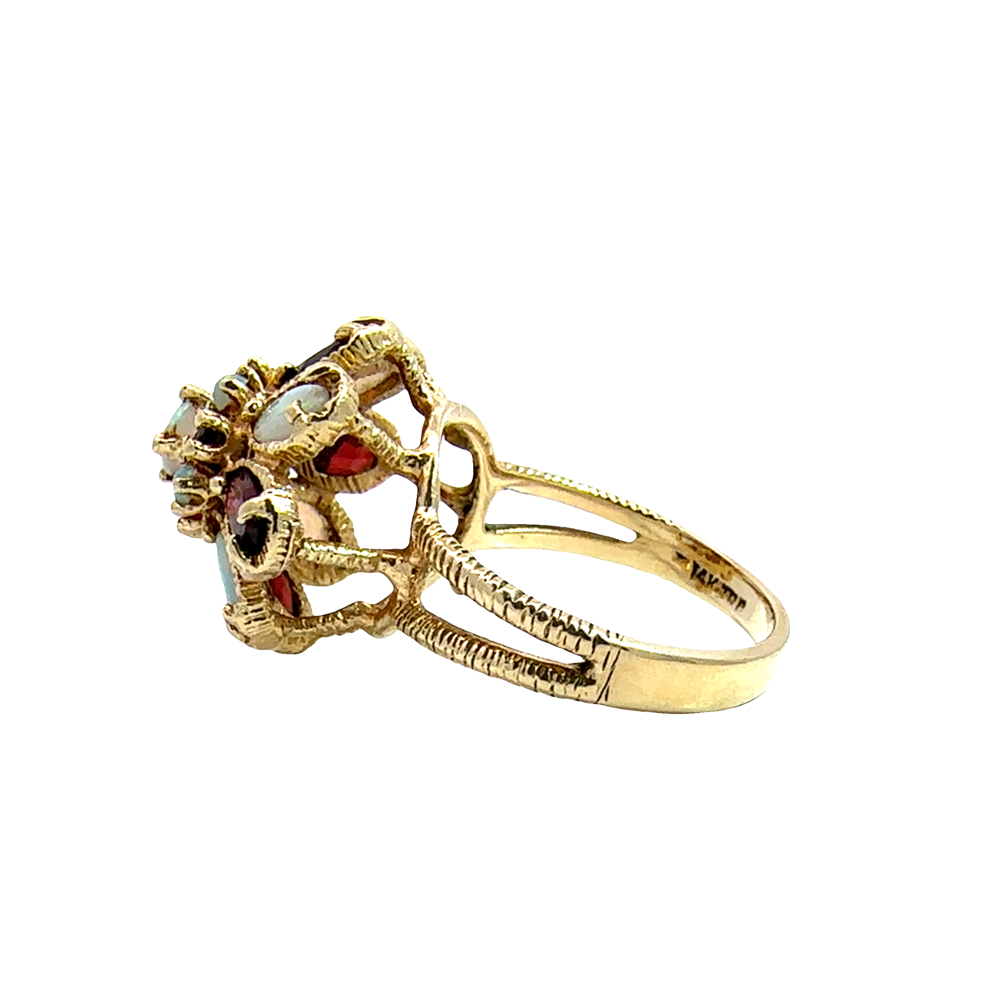 Vintage 14k Yellow Gold 0.61ctw Opal and 1.04ctw Garnet Floral Ring