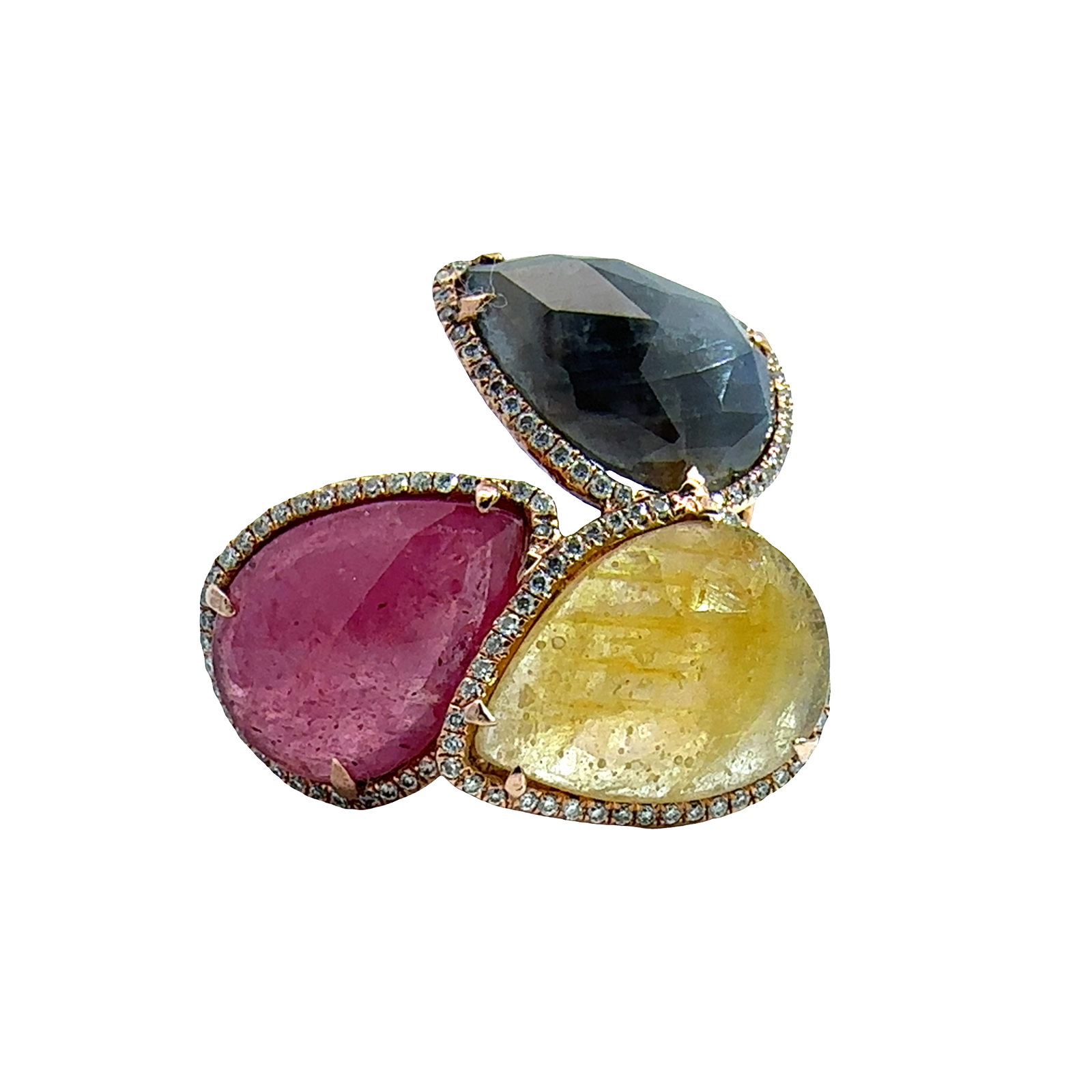 Estate 14k Rose Gold Pear Shaped Yellow Sapphire, Blue Sapphire, Ruby, and Diamond Ring