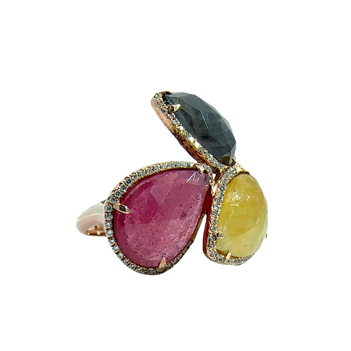 Estate 14k Rose Gold Pear Shaped Yellow Sapphire, Blue Sapphire, Ruby, and Diamond Ring