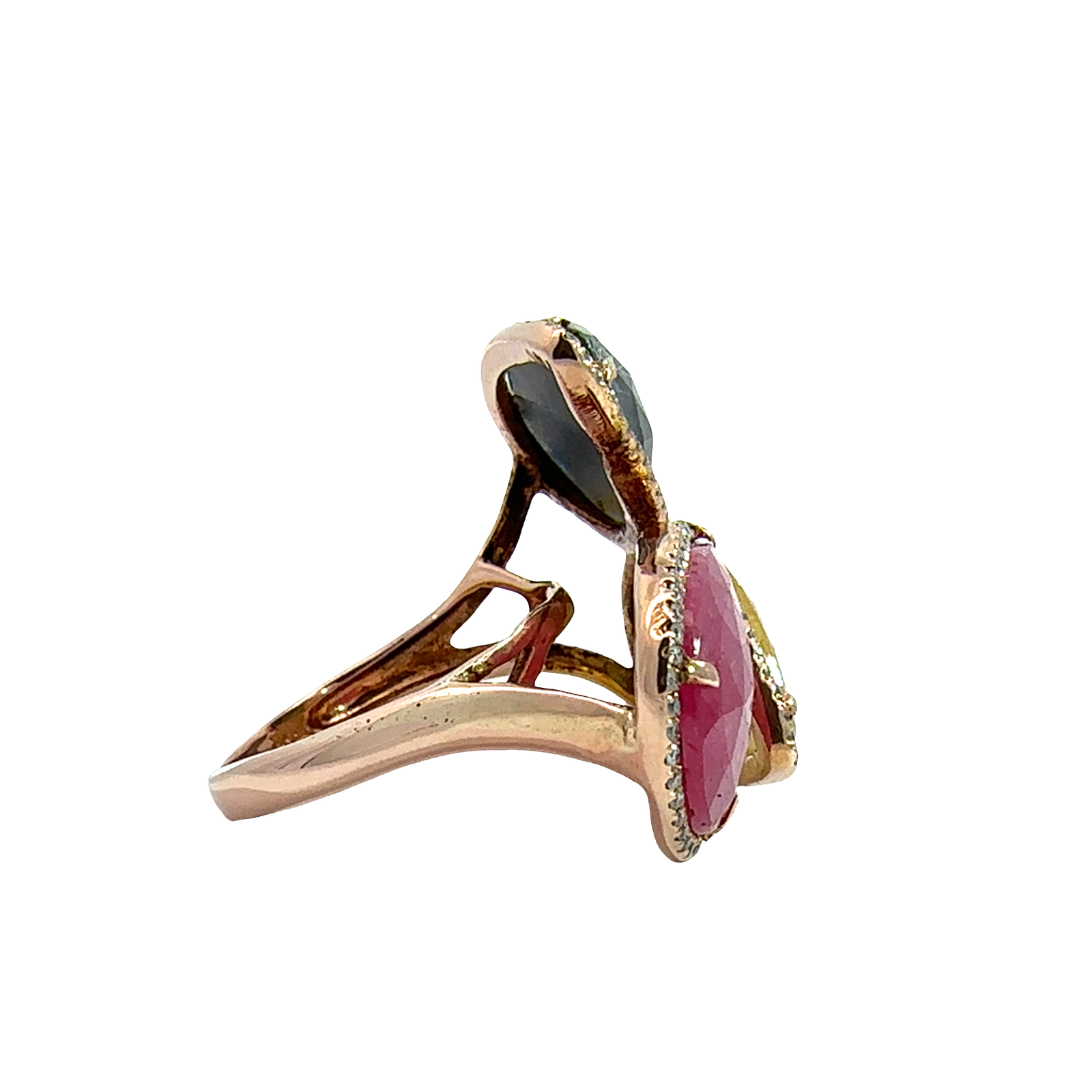 Estate 14k Rose Gold Pear Shaped Yellow Sapphire, Blue Sapphire, Ruby, and Diamond Ring