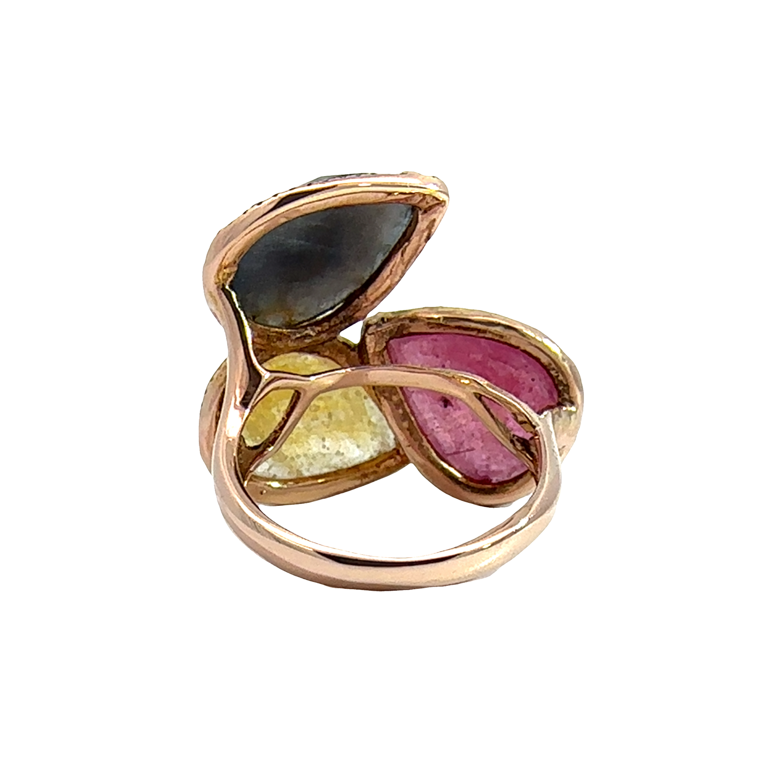Estate 14k Rose Gold Pear Shaped Yellow Sapphire, Blue Sapphire, Ruby, and Diamond Ring