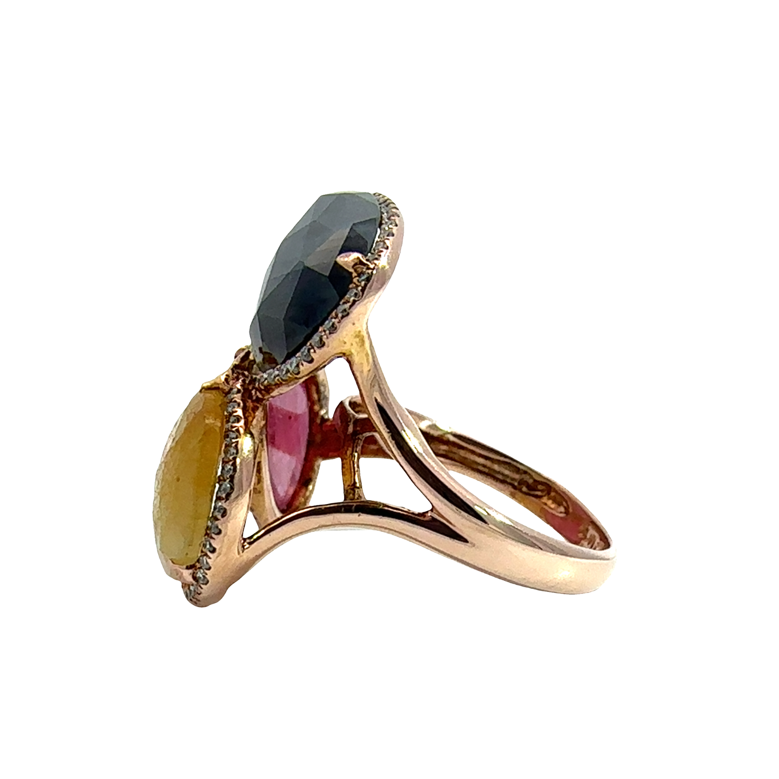 Estate 14k Rose Gold Pear Shaped Yellow Sapphire, Blue Sapphire, Ruby, and Diamond Ring