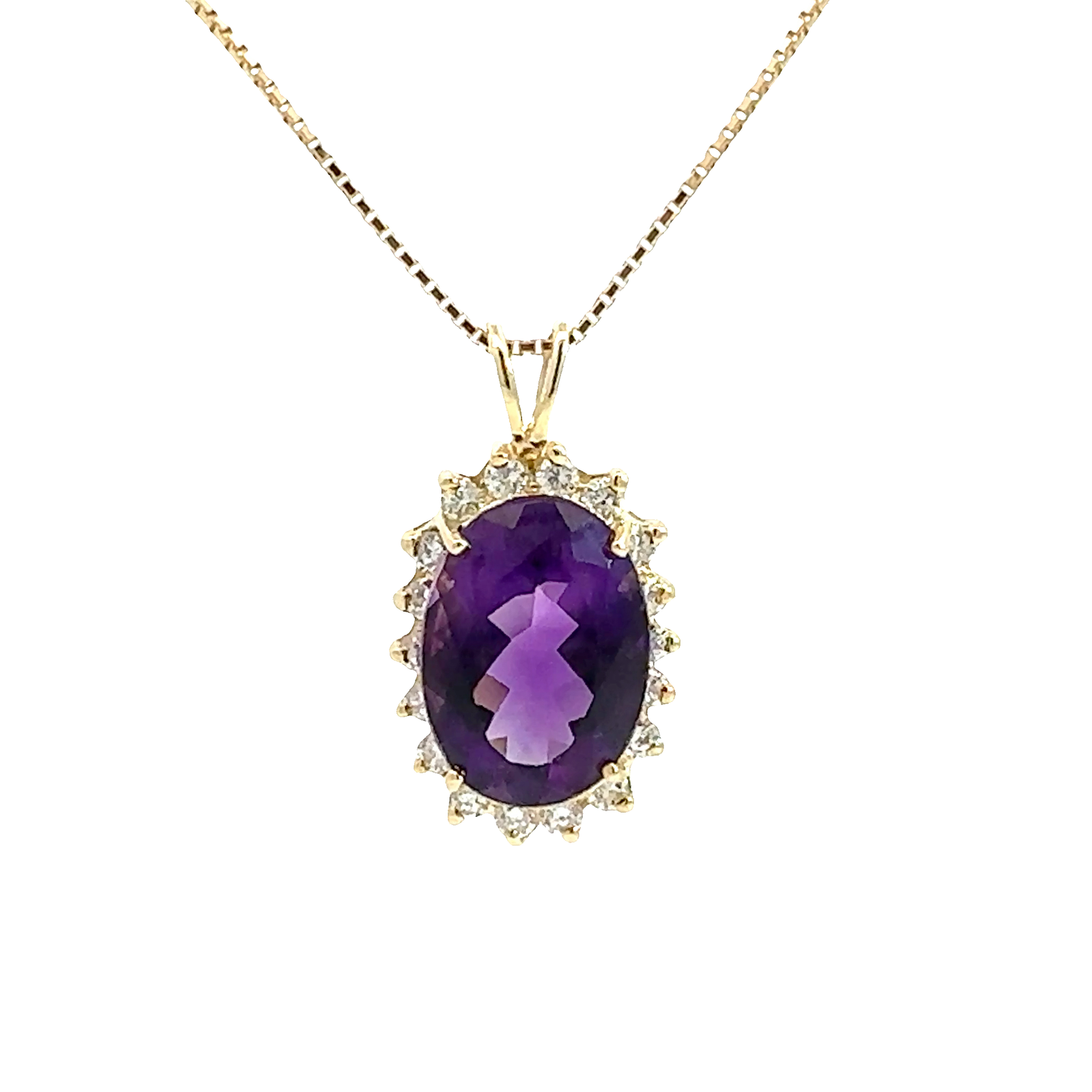 Vintage 14k Yellow Gold 11.08ctw Oval Amethyst and 1.08ctw Diamond Pendant Necklace 18"