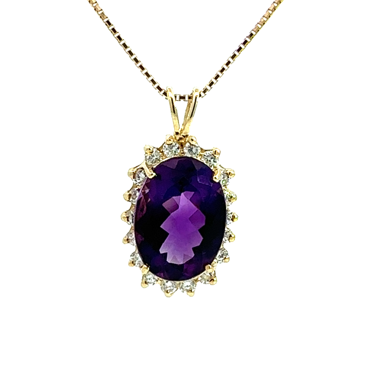 Vintage 14k Yellow Gold 11.08ctw Oval Amethyst and 1.08ctw Diamond Pendant Necklace 18"