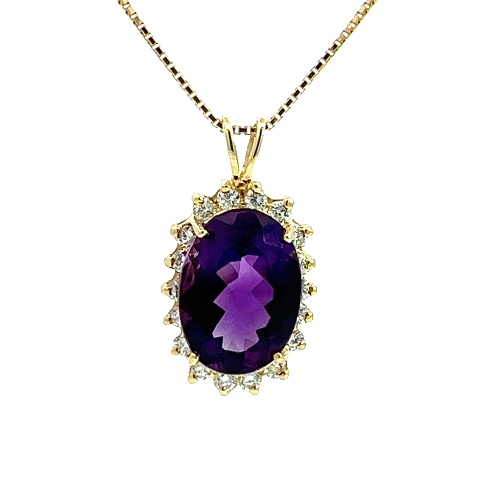 Vintage 14k Yellow Gold 11.08ctw Oval Amethyst and 1.08ctw Diamond Pendant Necklace 18"