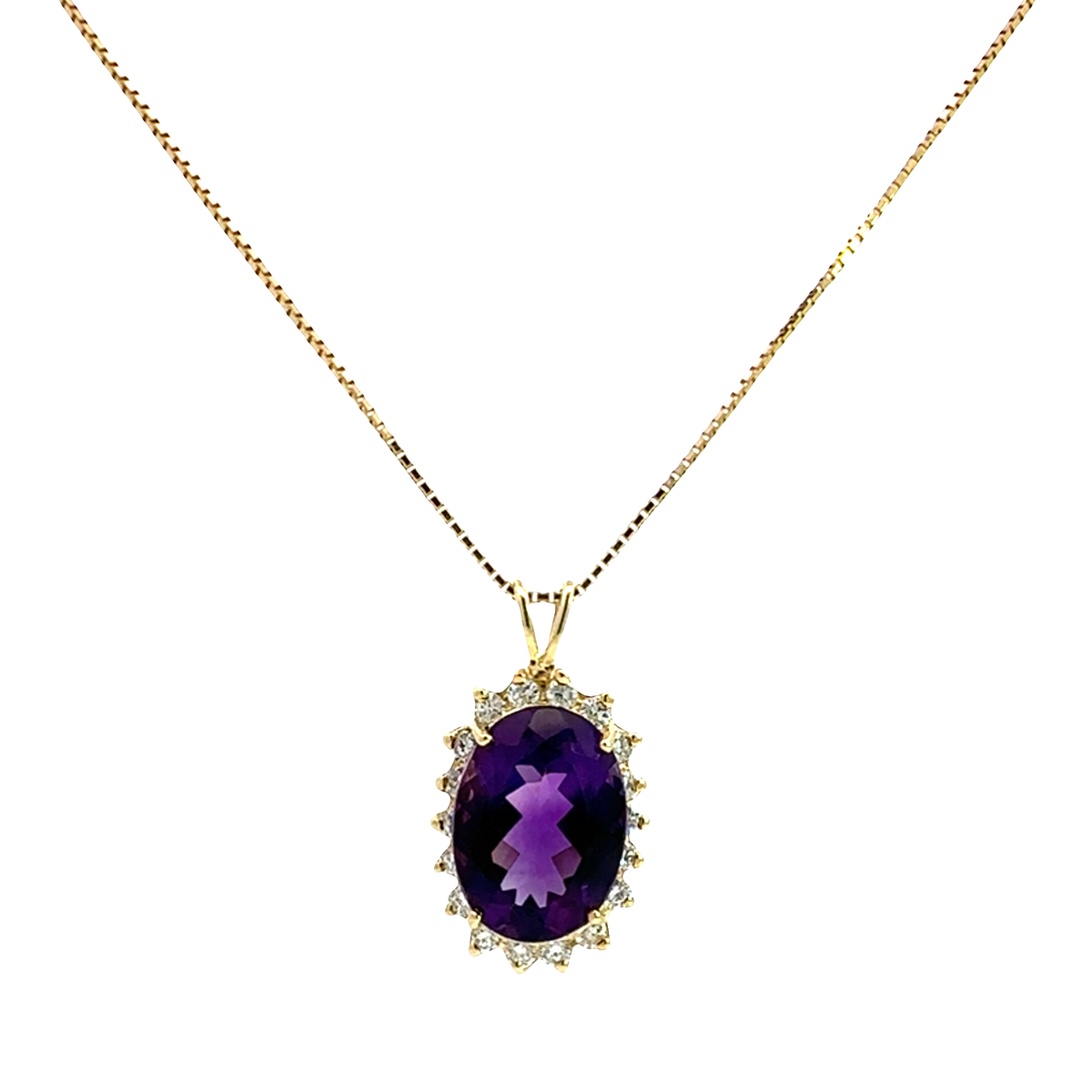 Vintage 14k Yellow Gold 11.08ctw Oval Amethyst and 1.08ctw Diamond Pendant Necklace 18"