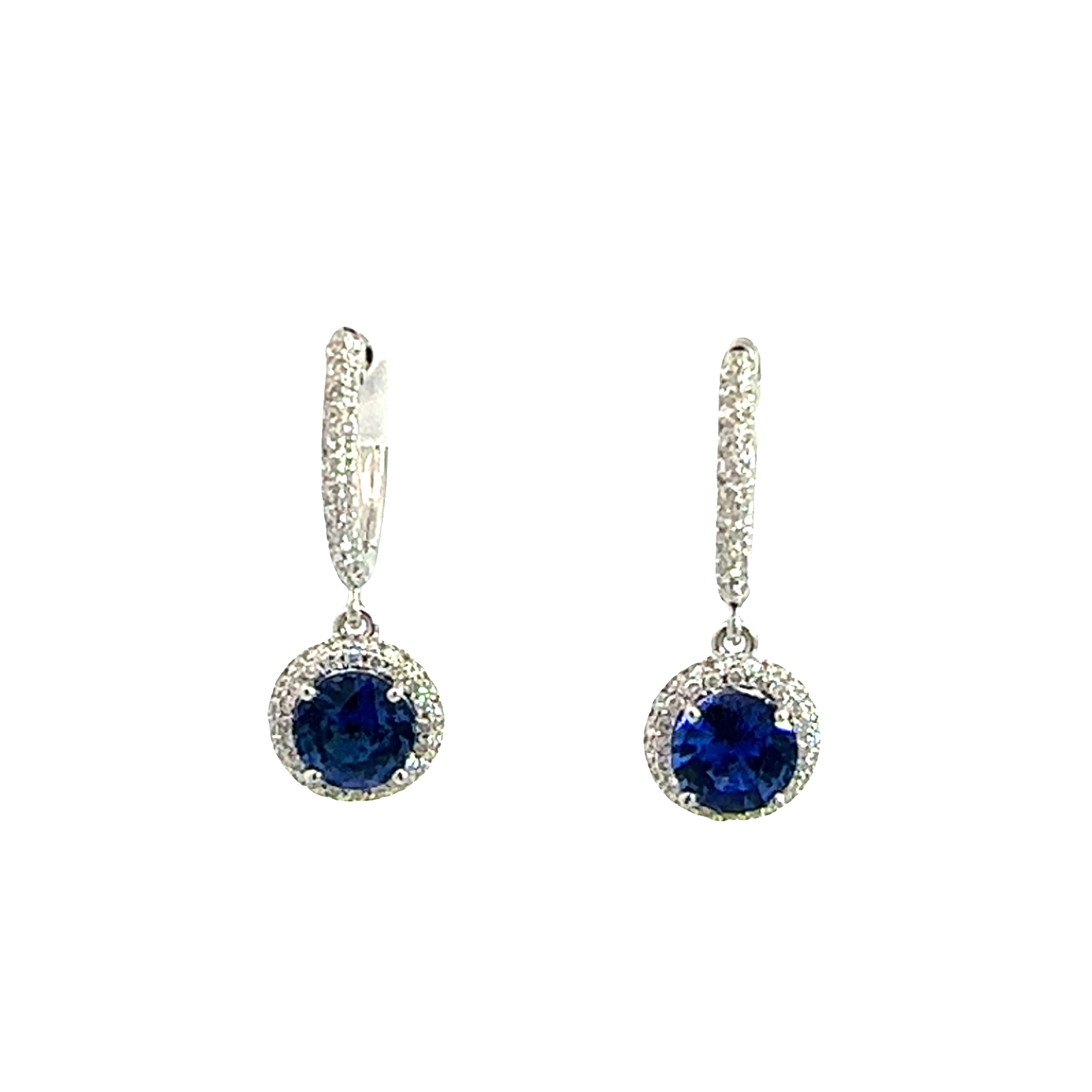 Estate 18k White Gold 1.48ctw Deep Blue Round Sapphire and 0.50ctw Diamond Dangle Earrings