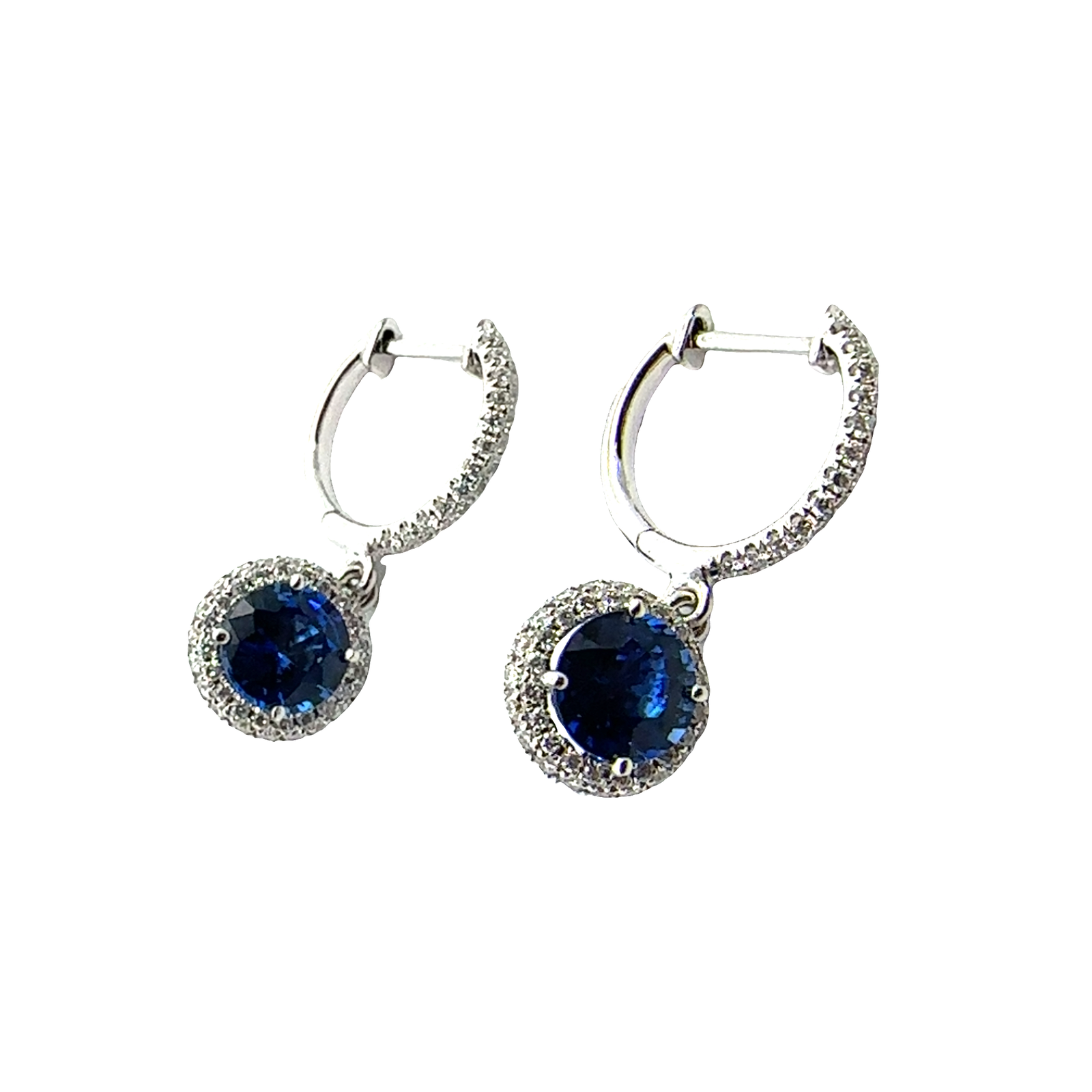Estate 18k White Gold 1.48ctw Deep Blue Round Sapphire and 0.50ctw Diamond Dangle Earrings