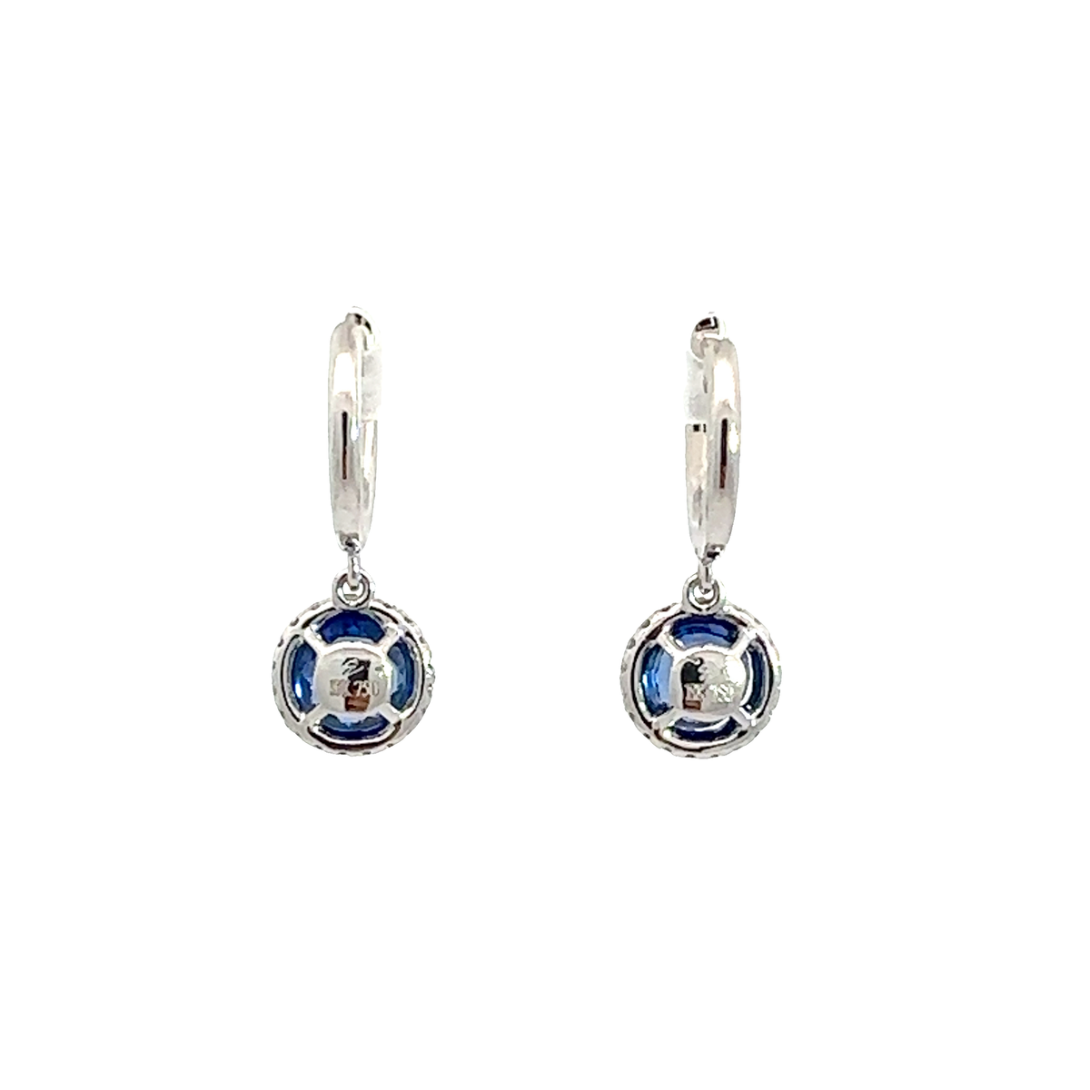 Estate 18k White Gold 1.48ctw Deep Blue Round Sapphire and 0.50ctw Diamond Dangle Earrings