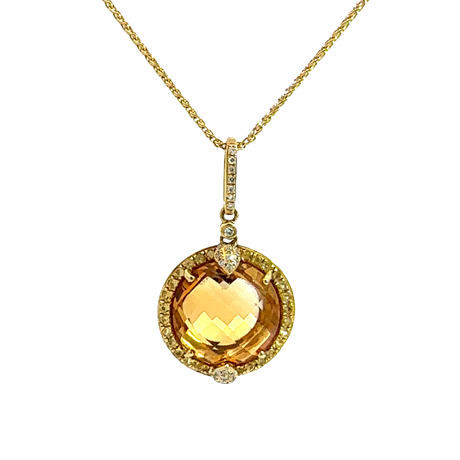 Vintage 18k Yellow Gold 5.53ctw Citrine and 0.11ctw Diamond Pendant Necklace 18"
