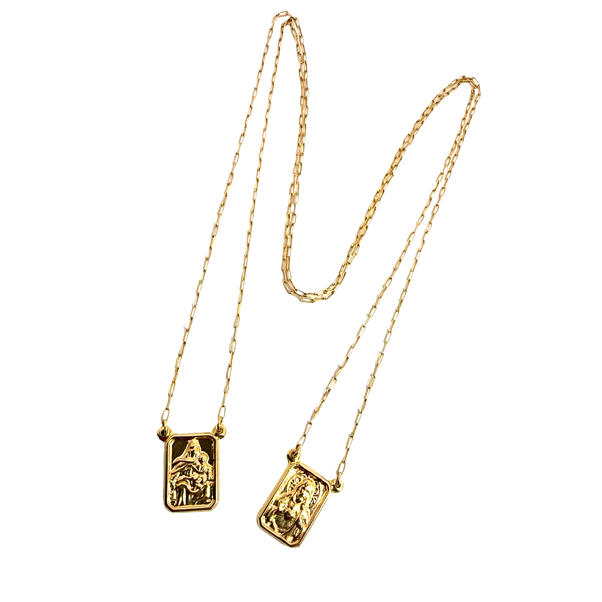 18k Yellow Gold Scapular Escapulario Sacred Heart of Jesus & Virgin Mt. Carmel 25"