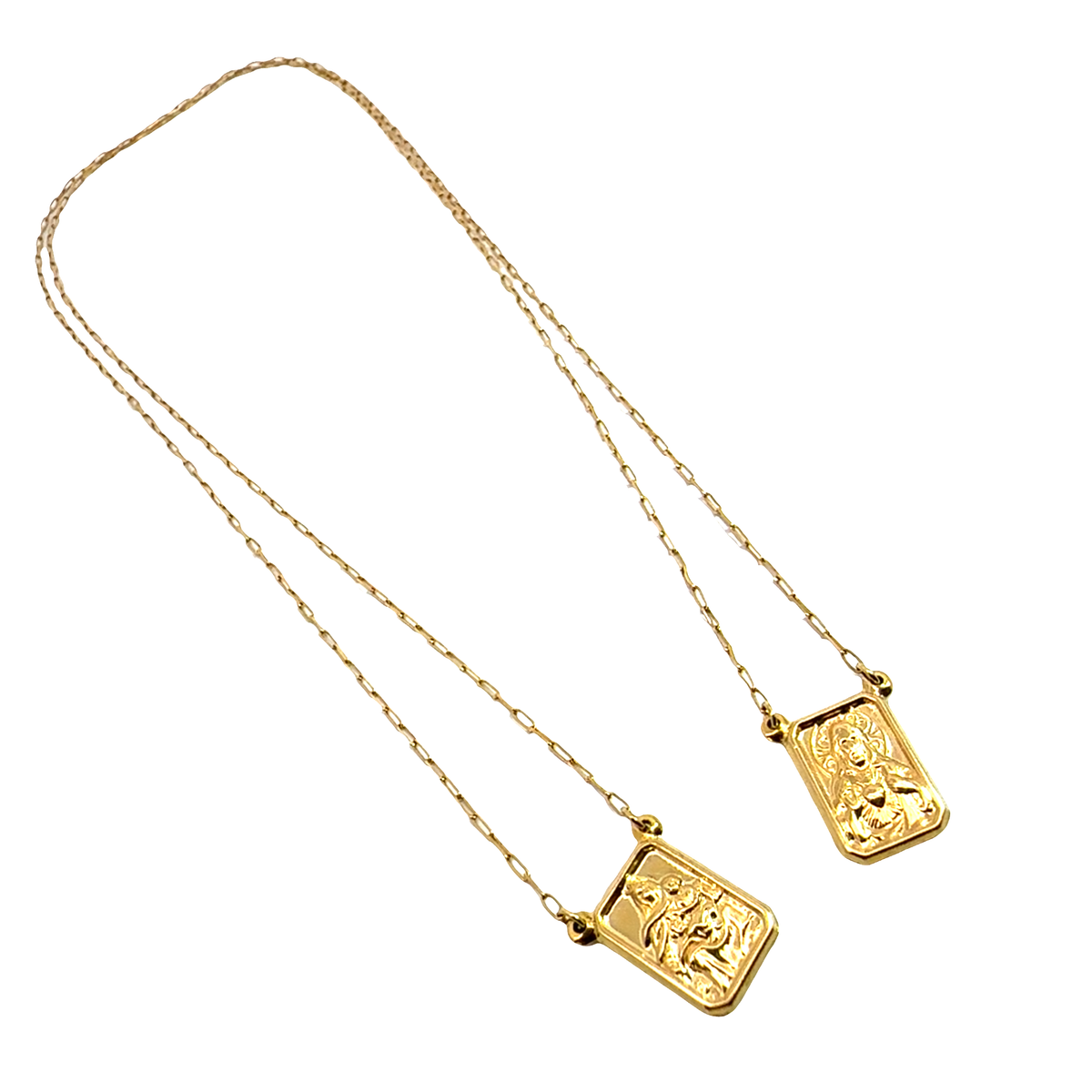 18k Yellow Gold Scapular Escapulario Sacred Heart of Jesus & Virgin Mt. Carmel 25"