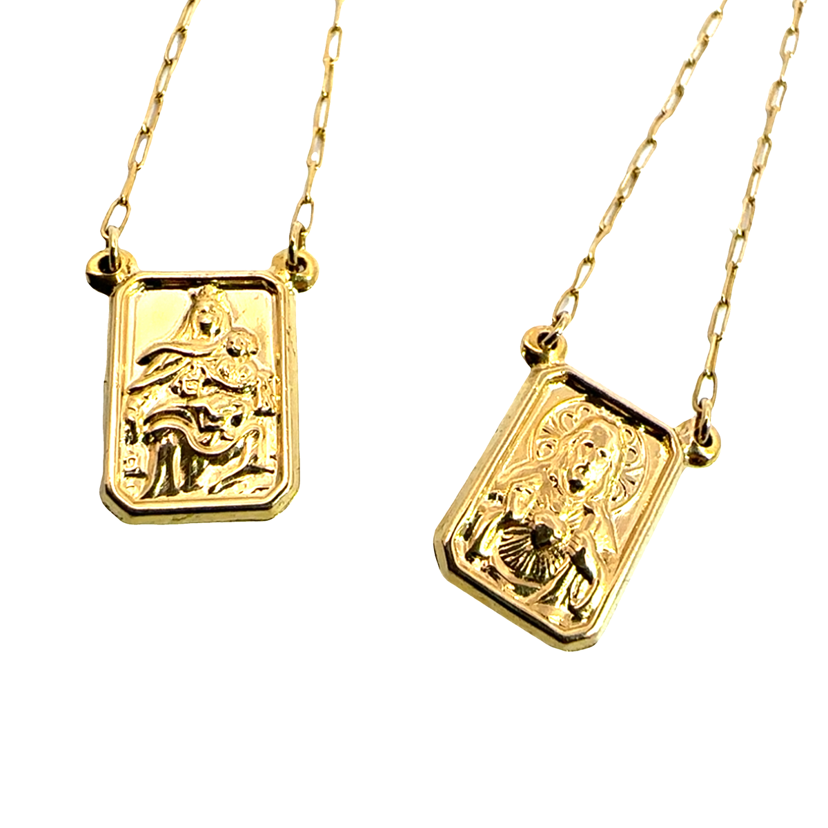 18k Yellow Gold Scapular Escapulario Sacred Heart of Jesus & Virgin Mt. Carmel 25"