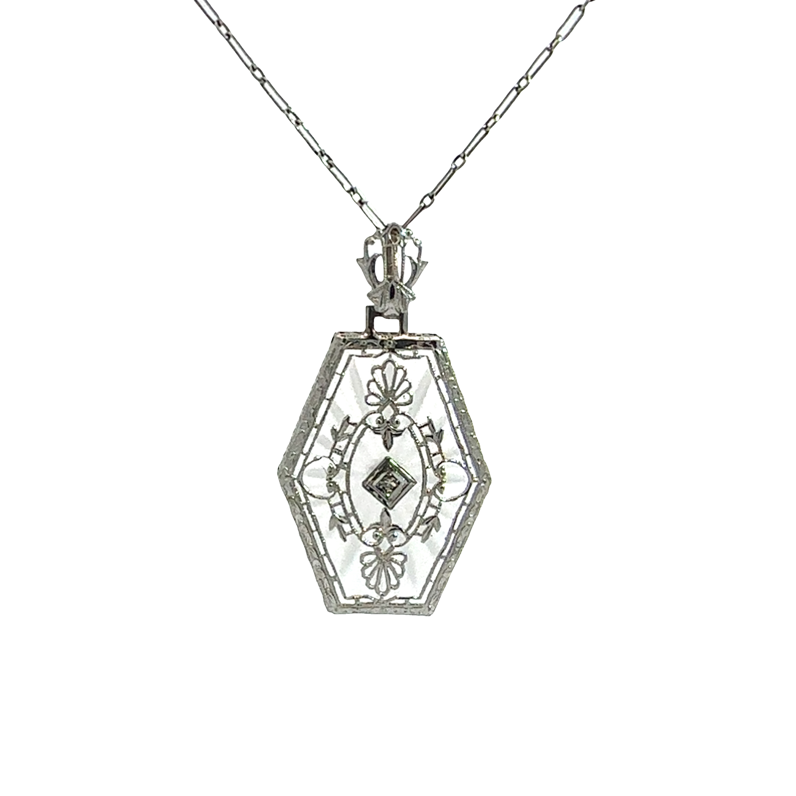 Vintage Art Deco 14k White Gold 0.01ctw Diamond Necklace
