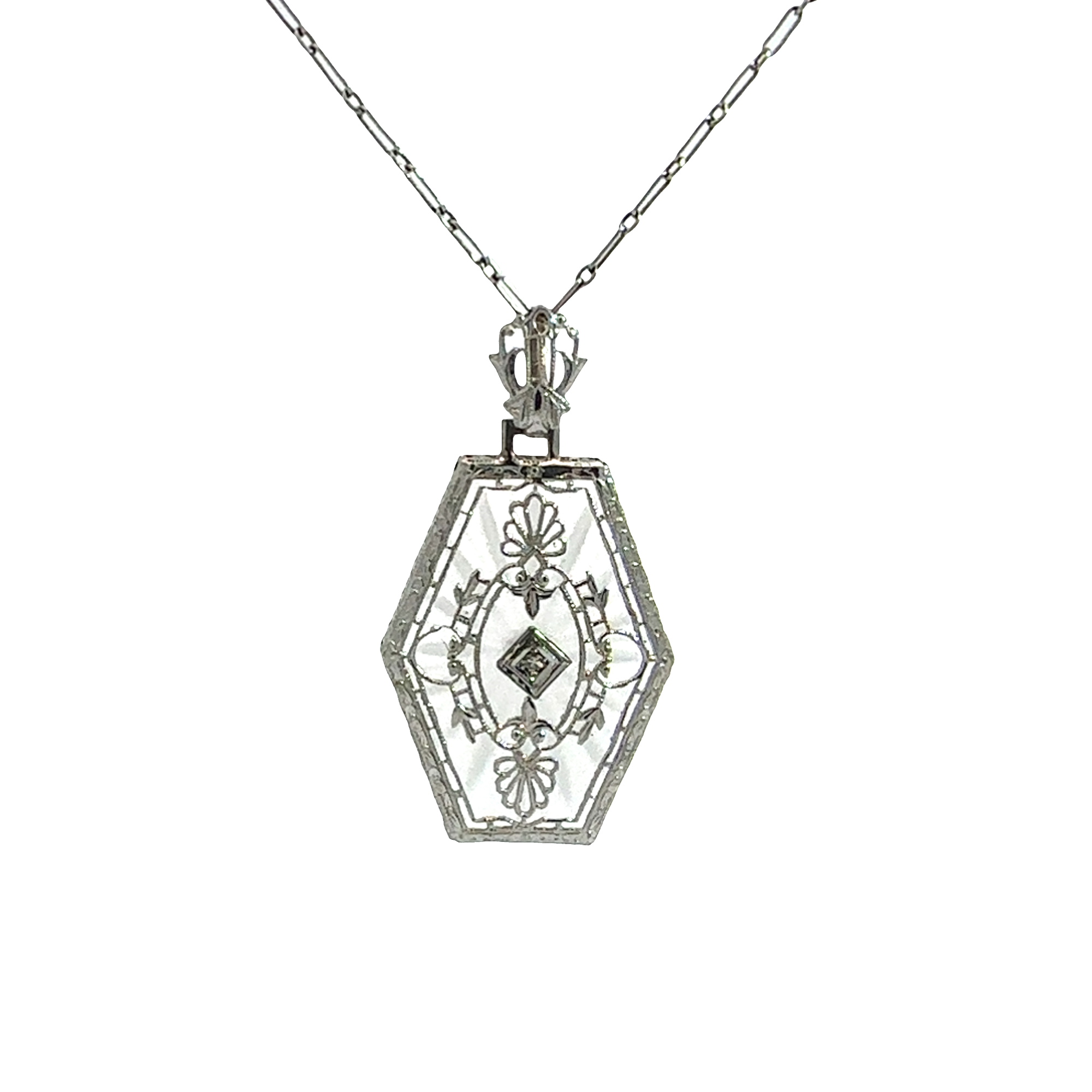 Vintage Art Deco 14k White Gold 0.01ctw Diamond Necklace