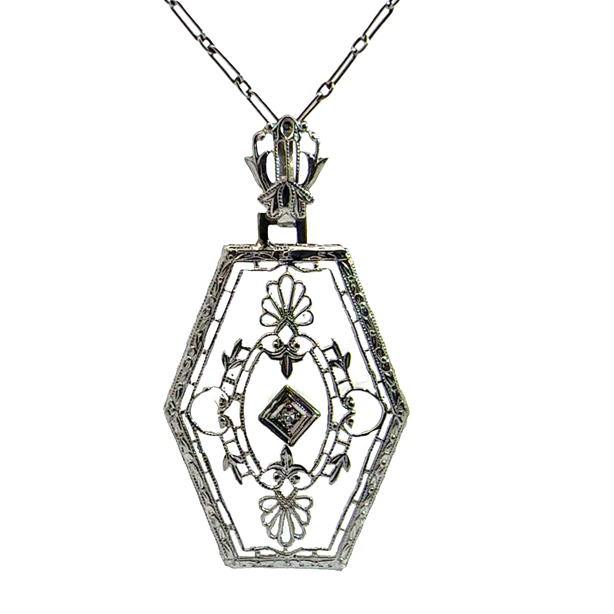 Vintage Art Deco 14k White Gold 0.01ctw Diamond Necklace