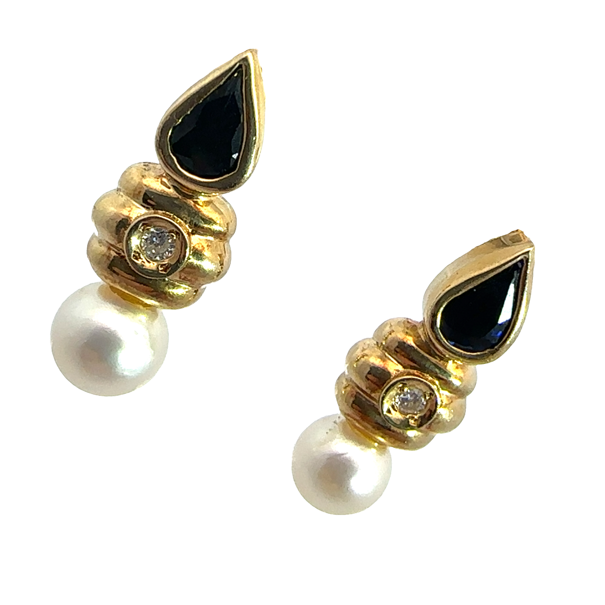 Vintage 18k Yellow Gold Pearl, 0.92ctw Sapphire, & 0.04ctw Diamond Earrings