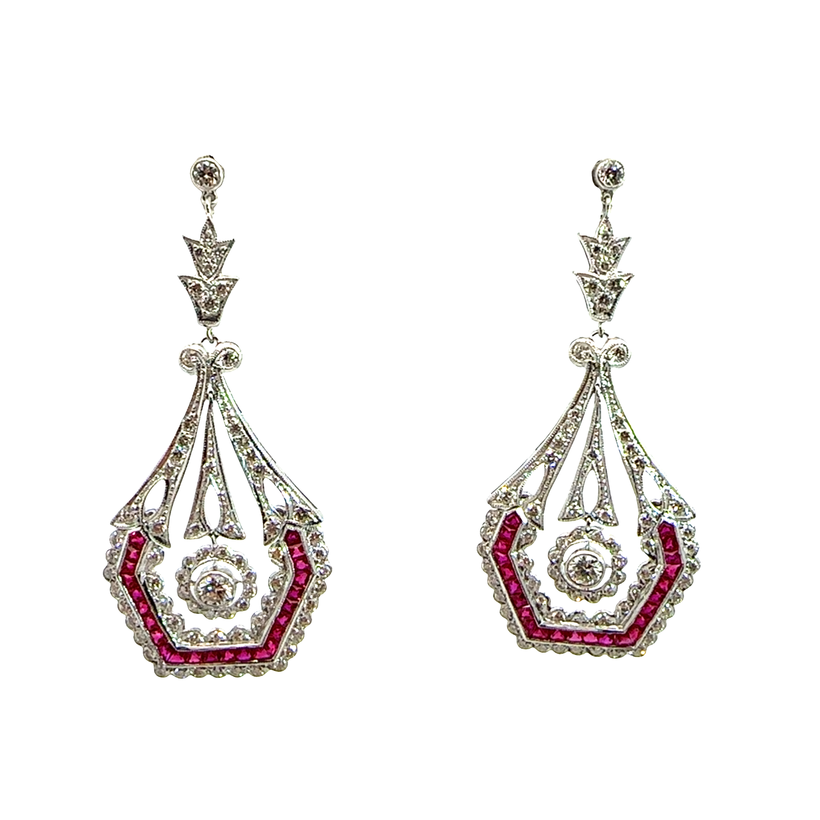 Vintage 18k White Gold 1.23ctw Diamond and Lab Created Ruby Dangle Earrings