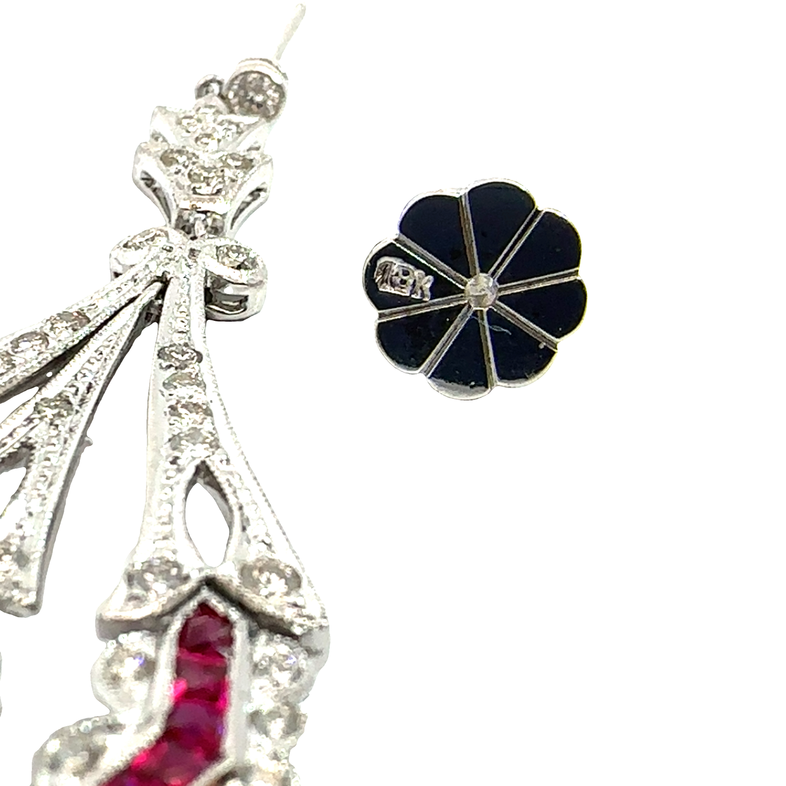 Vintage 18k White Gold 1.23ctw Diamond and Lab Created Ruby Dangle Earrings
