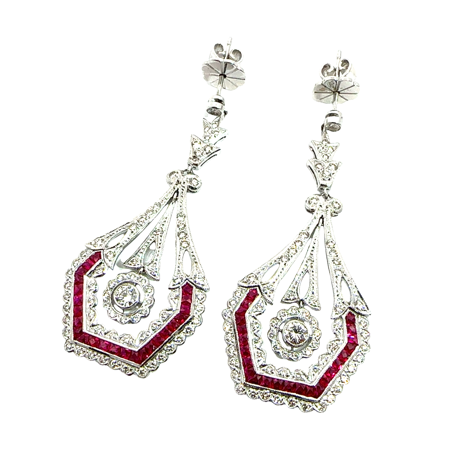 Vintage 18k White Gold 1.23ctw Diamond and Lab Created Ruby Dangle Earrings