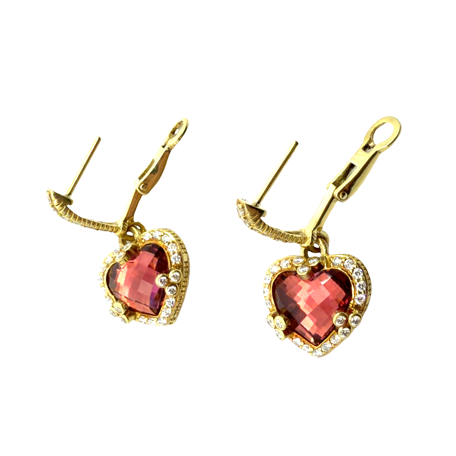 Vintage 18k Yellow Gold 4.24ctw Tourmaline Heart and 0.64ctw Diamond Dangle Earrings