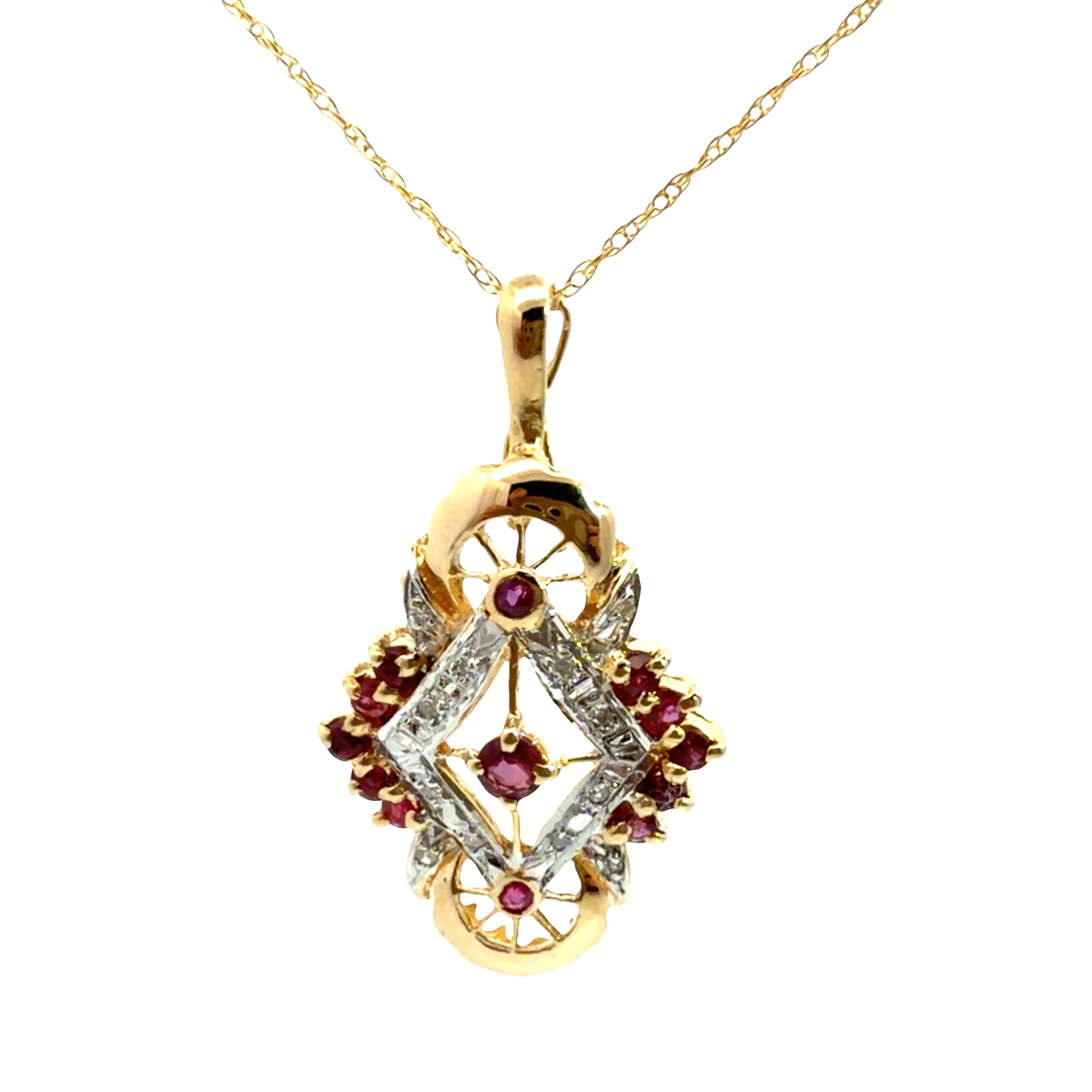 Vintage 14k Yellow Gold 0.21ctw Ruby and 0.06ctw Diamond Necklace