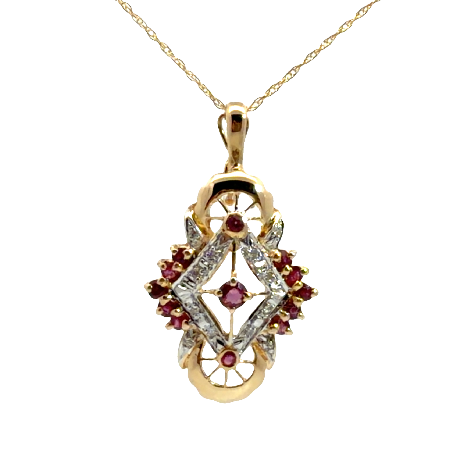 Vintage 14k Yellow Gold 0.21ctw Ruby and 0.06ctw Diamond Necklace