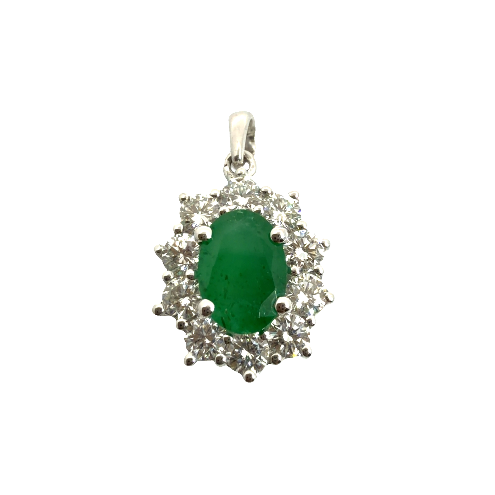 Vintage 18k White Gold 0.67ctw Emerald and 0.60ctw Diamond Halo Pendant
