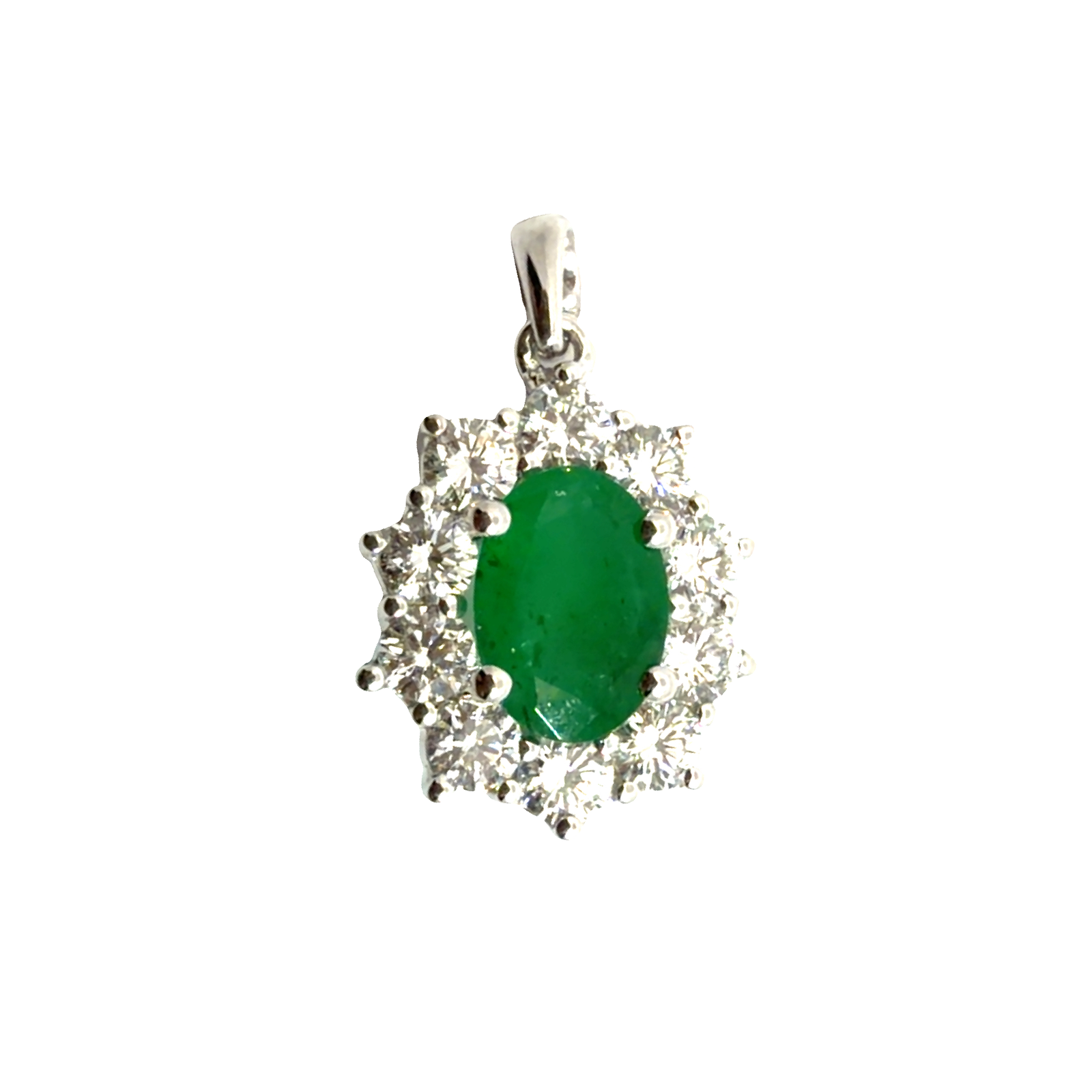 Vintage 18k White Gold 0.67ctw Emerald and 0.60ctw Diamond Halo Pendant