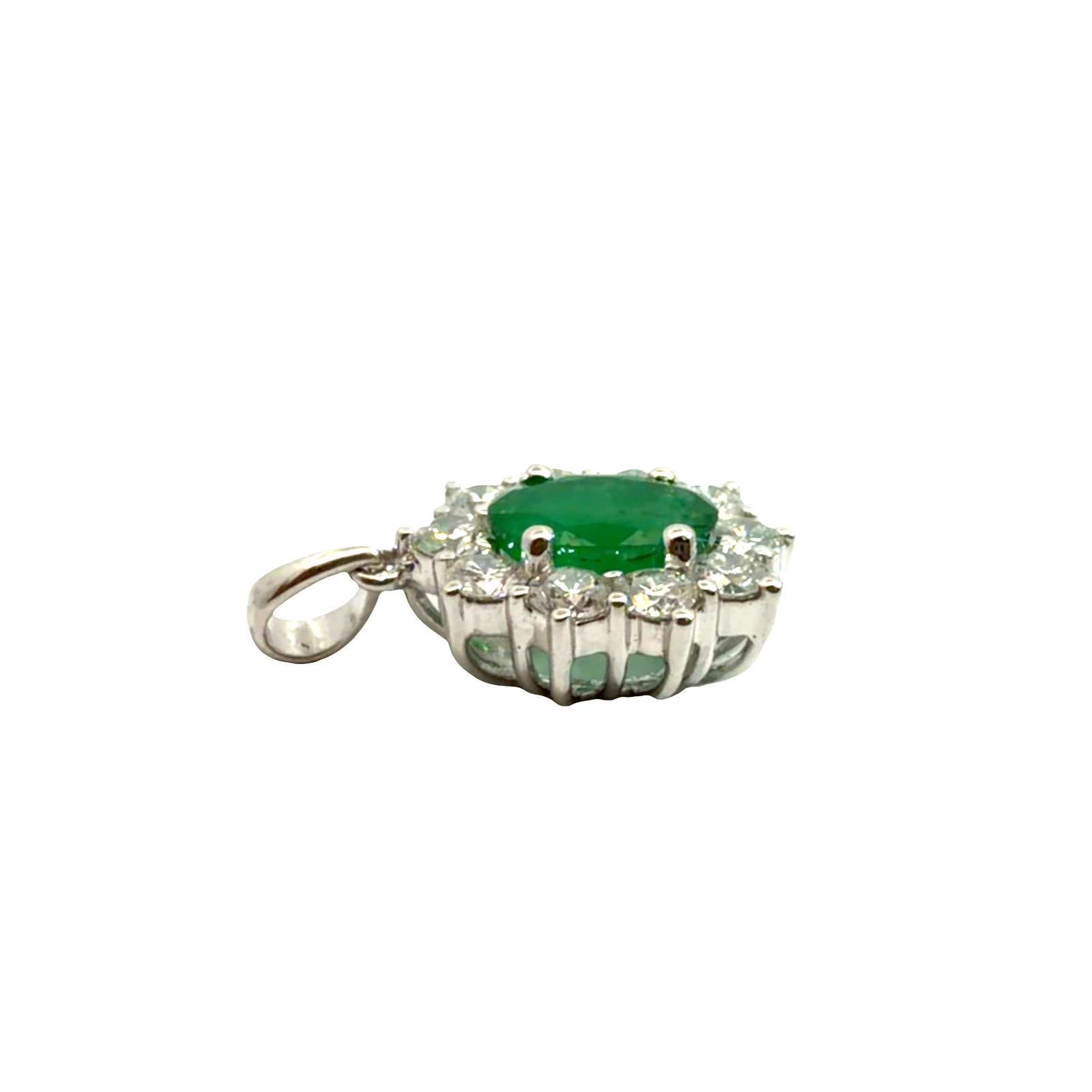 Vintage 18k White Gold 0.67ctw Emerald and 0.60ctw Diamond Halo Pendant