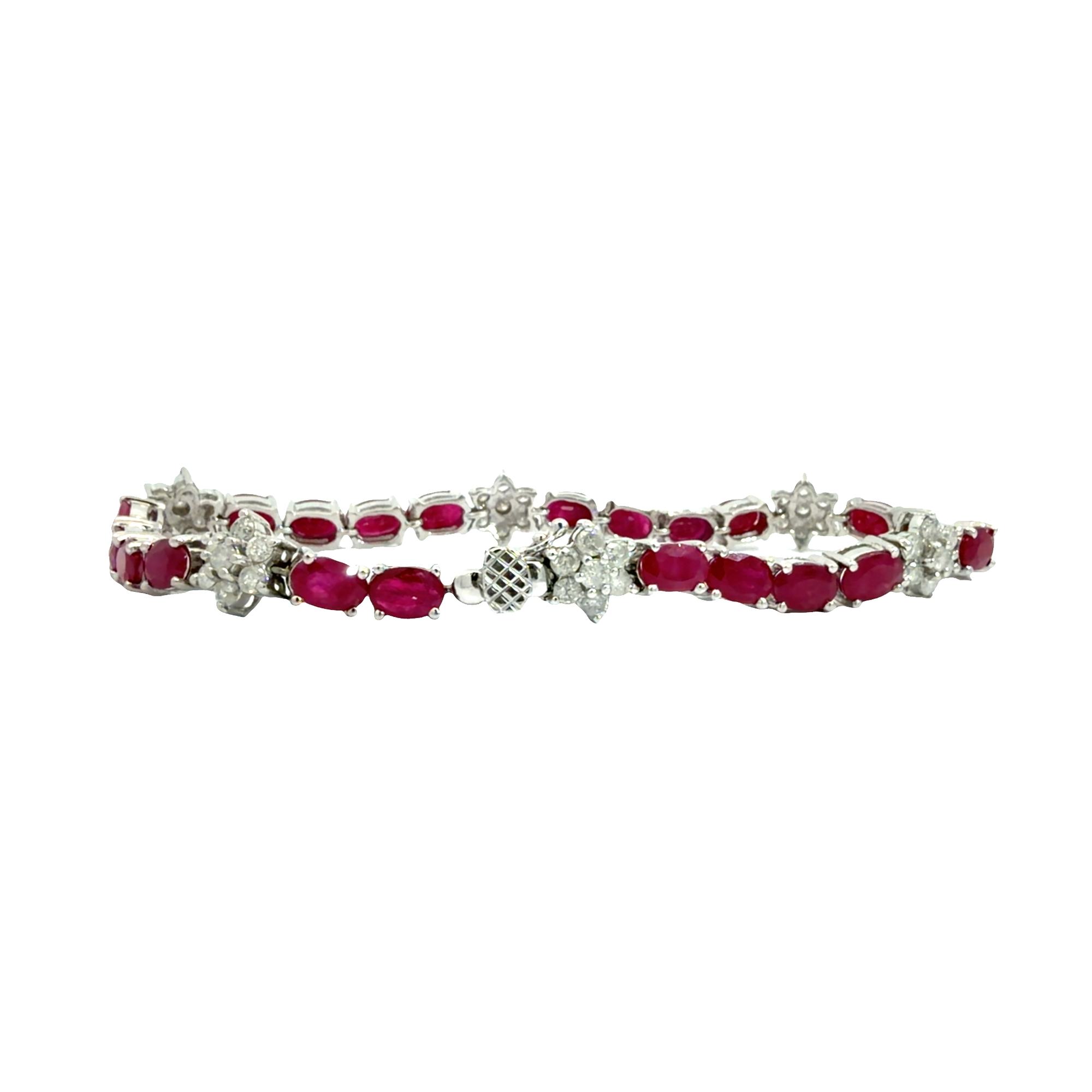 Vintage 14k White Gold 12.60ctw Ruby and 2.01ctw Diamond Flower Tennis Bracelet
