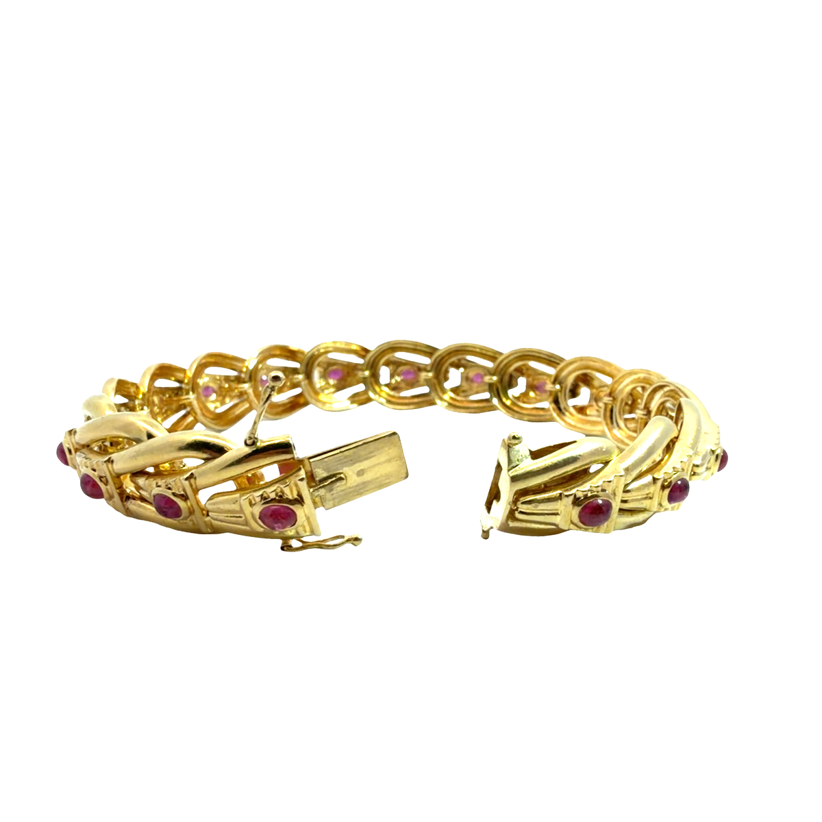 Vintage 18K Yellow Gold 2.88ctw Ruby Cabochon Chain Bracelet