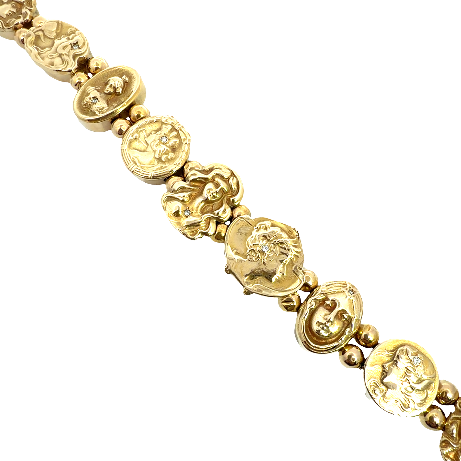 Antique Art Nouveau 14k Yellow Gold Lady Motif Diamond Slide Bracelet