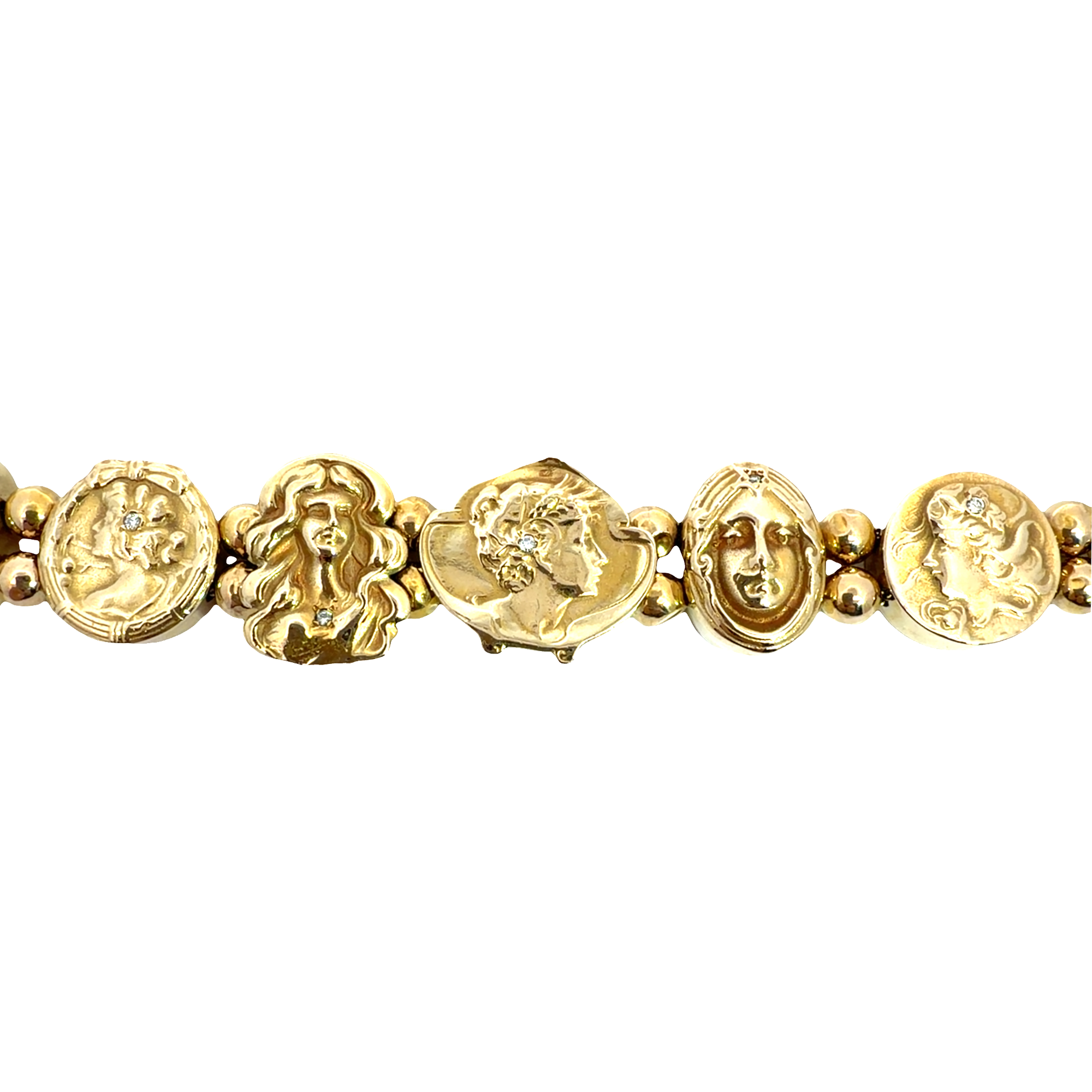 Antique Art Nouveau 14k Yellow Gold Lady Motif Diamond Slide Bracelet