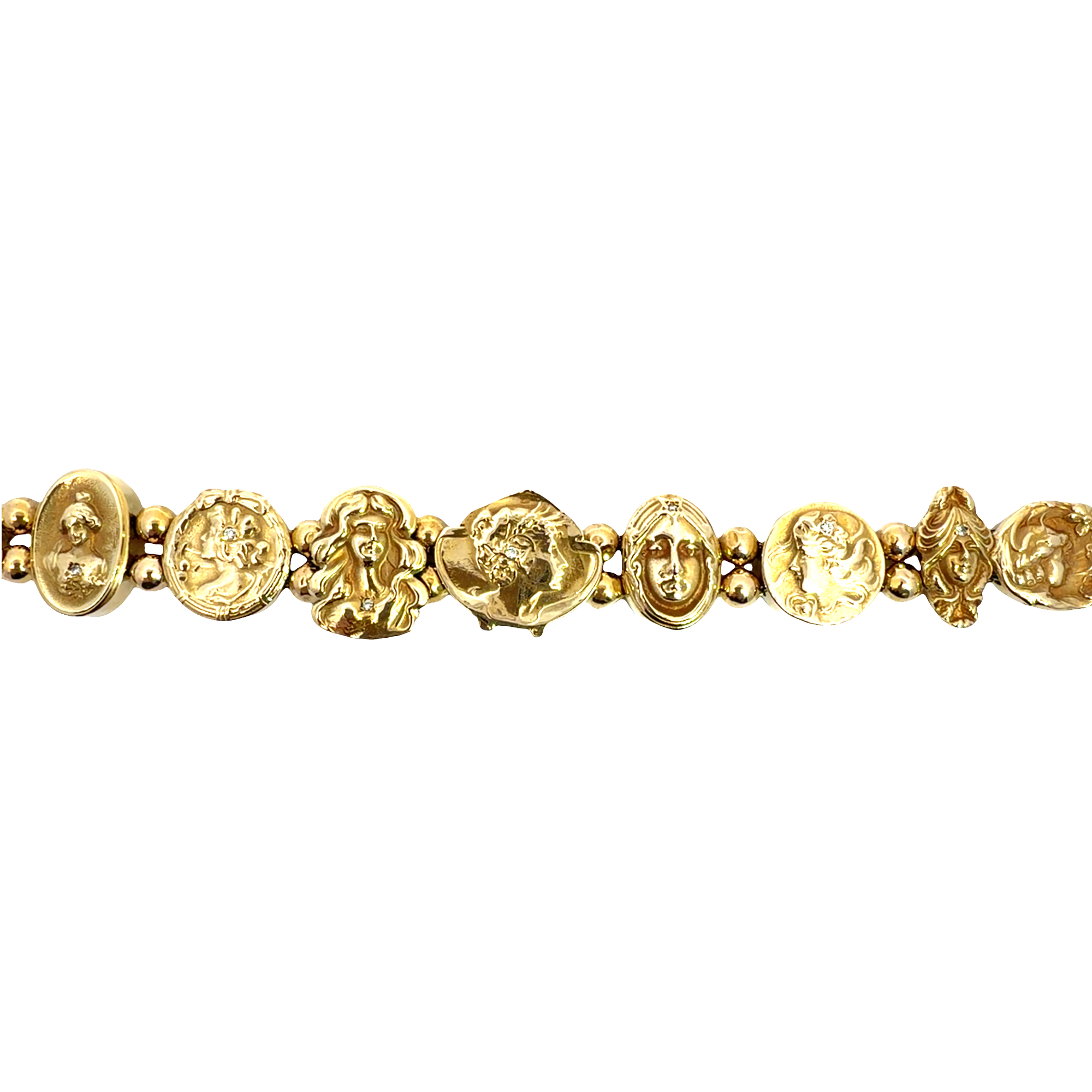Antique Art Nouveau 14k Yellow Gold Lady Motif Diamond Slide Bracelet