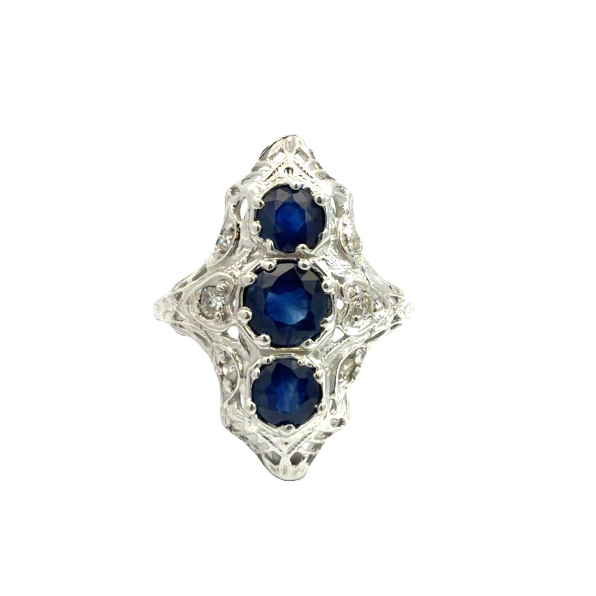 Vintage Art Deco 14k White Gold 1.29ctw Sapphire and 0.13ctw Diamond Ring
