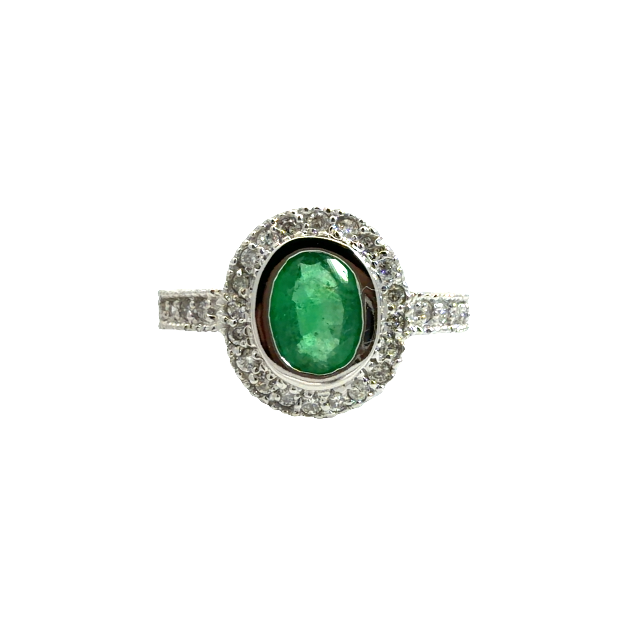 Estate 14k White Gold Oval Emerald and Diamond Ring