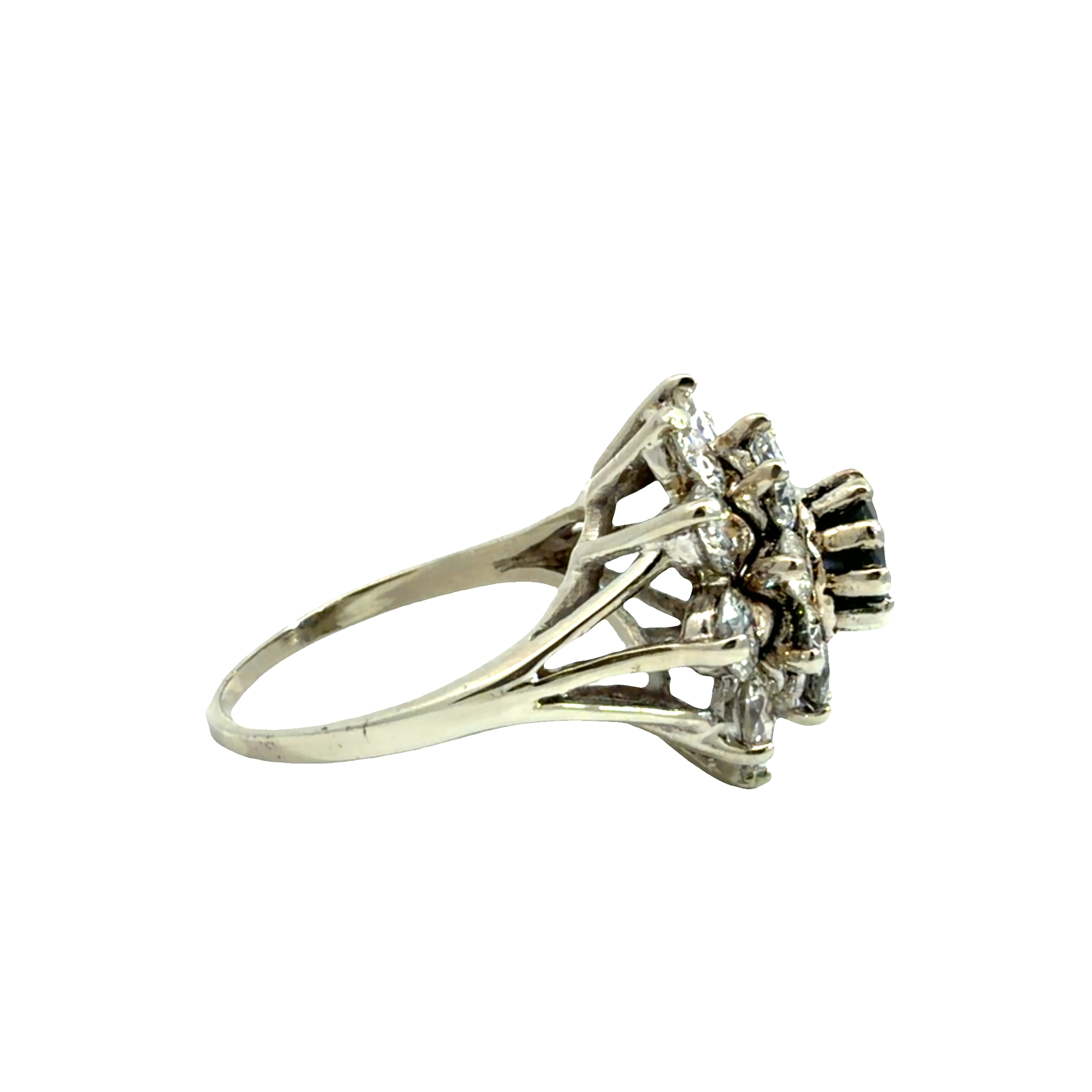 Vintage 14k White Gold 2.60ctw Diamond and 0.75ctw Sapphire Flower Cocktail Ring