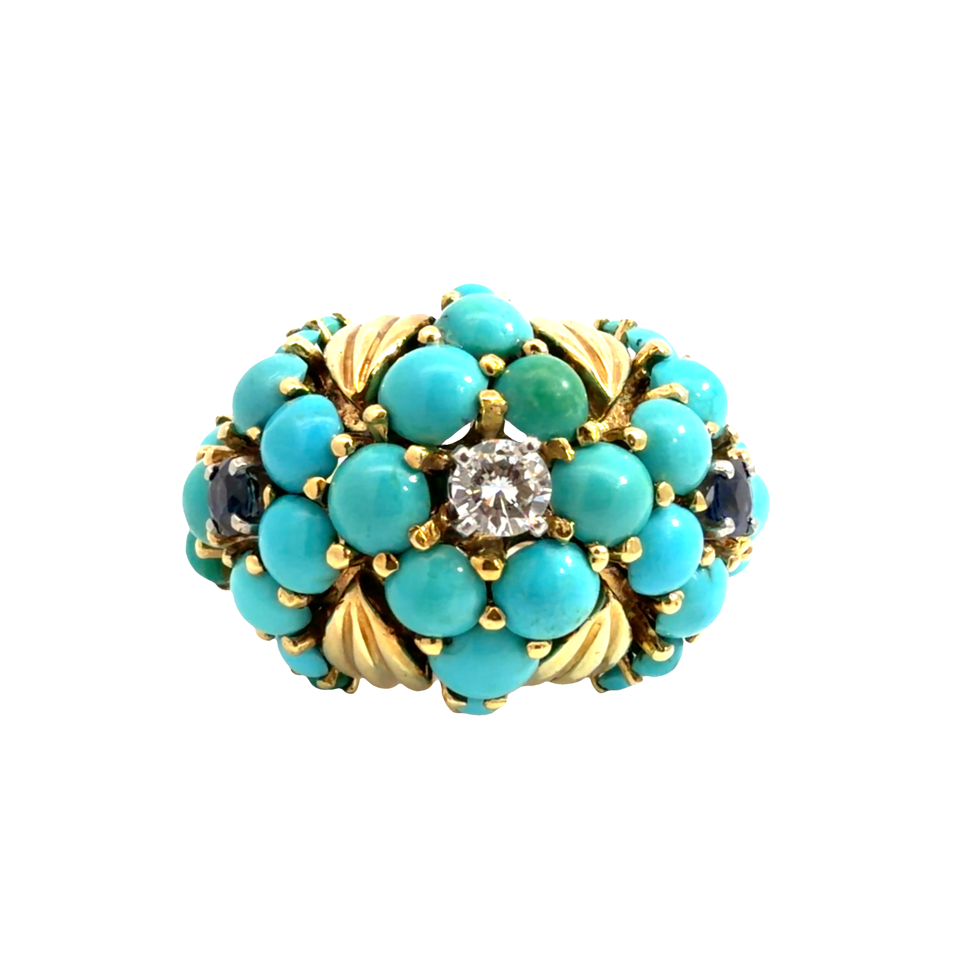 Vintage 18k Yellow Gold Turquoise Diamond and Sapphire Cluster Bombe Band Ring